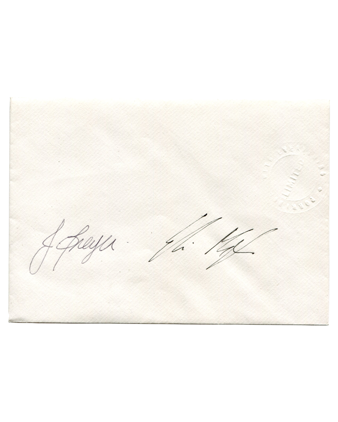 Breyer P-Orridge, cream envelope front with two handwritten signatures and a circular blind-embossed seal.