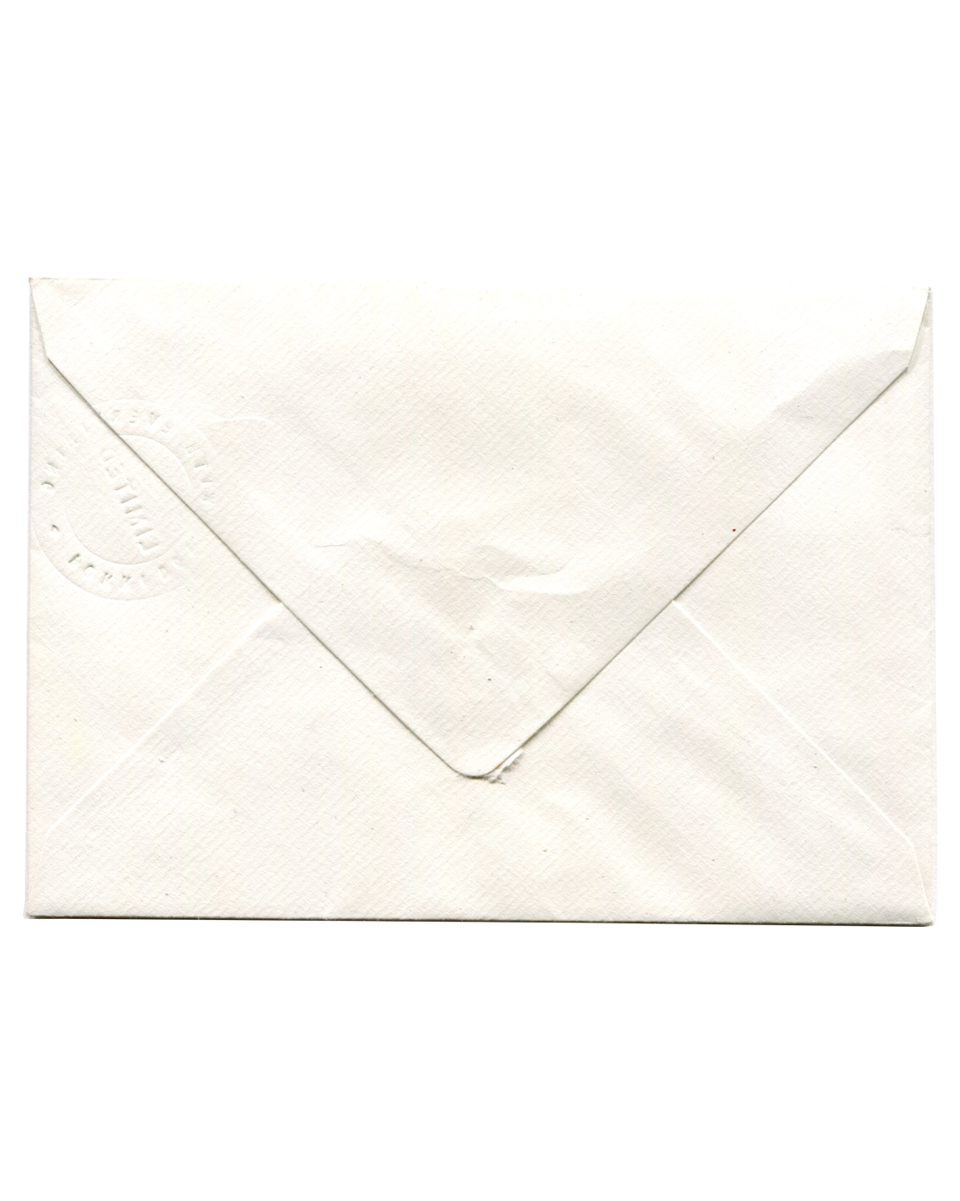 Breyer P-Orridge, cream envelope reverse showing triangular flap and circular blind embossing.