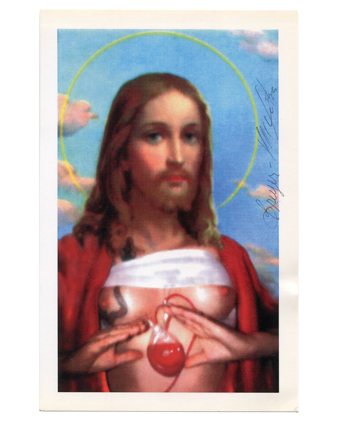 Breyer P-Orridge Transgendered Sacred Heart: Sacred Heart prayer card with Polaroid chest, signed in ballpoint at right
