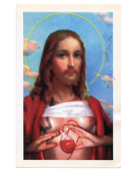 Breyer P-Orridge Transgendered Sacred Heart: Sacred Heart prayer card with Polaroid chest, signed in ballpoint at right