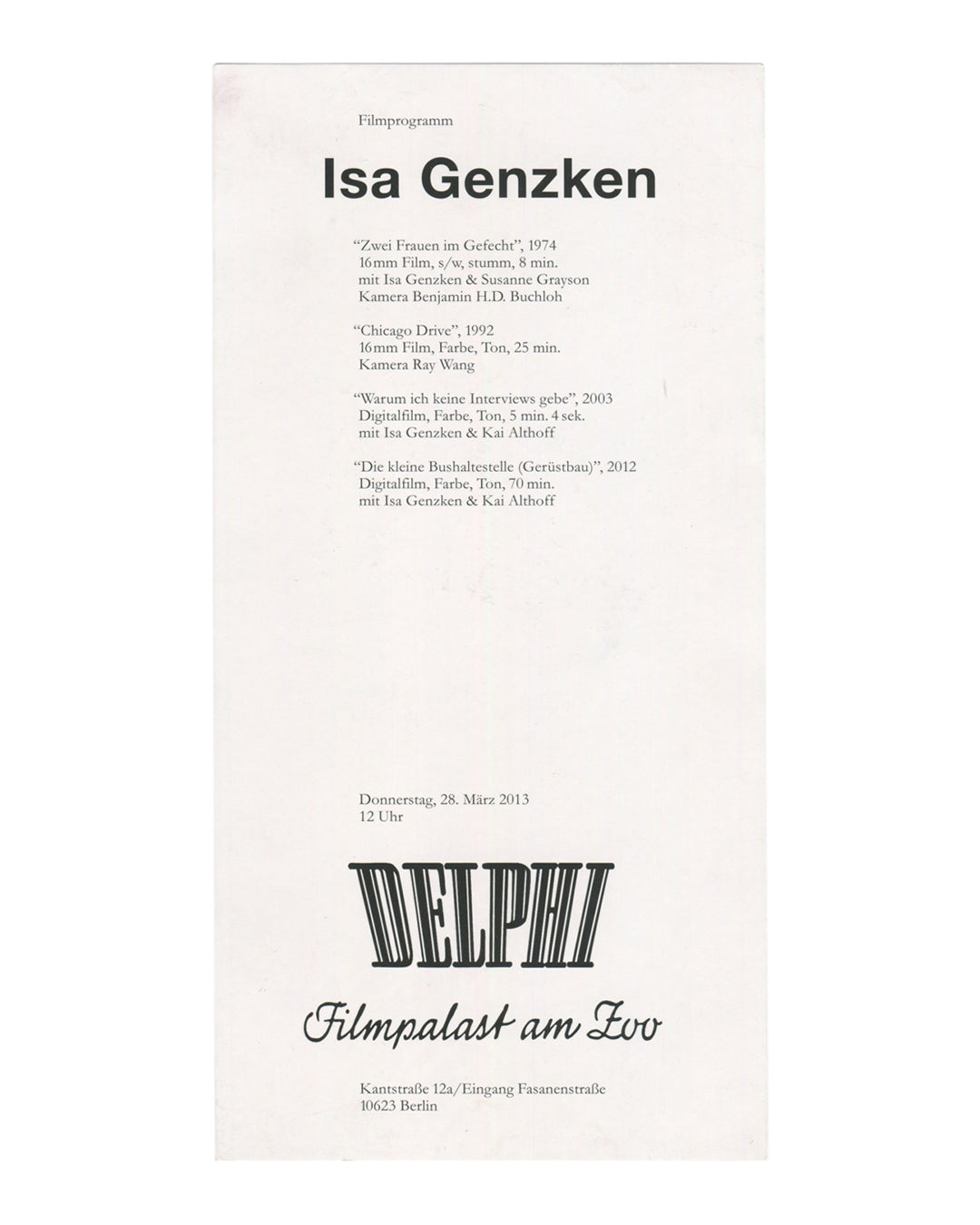 Isa Genzken — Filmprogramm
