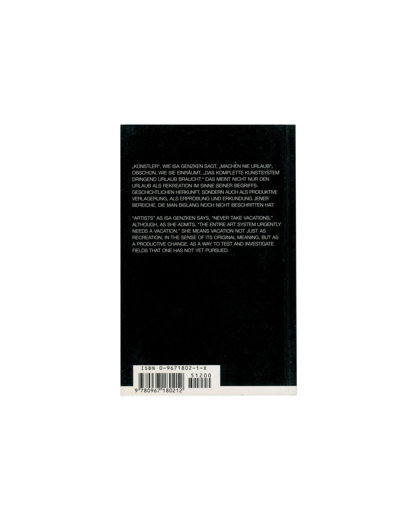 Isa Genzken, Urlaub, Pocket-Book 3, Lukas & Sternberg, 2000 — back cover with bilingual text and ISBN barcode