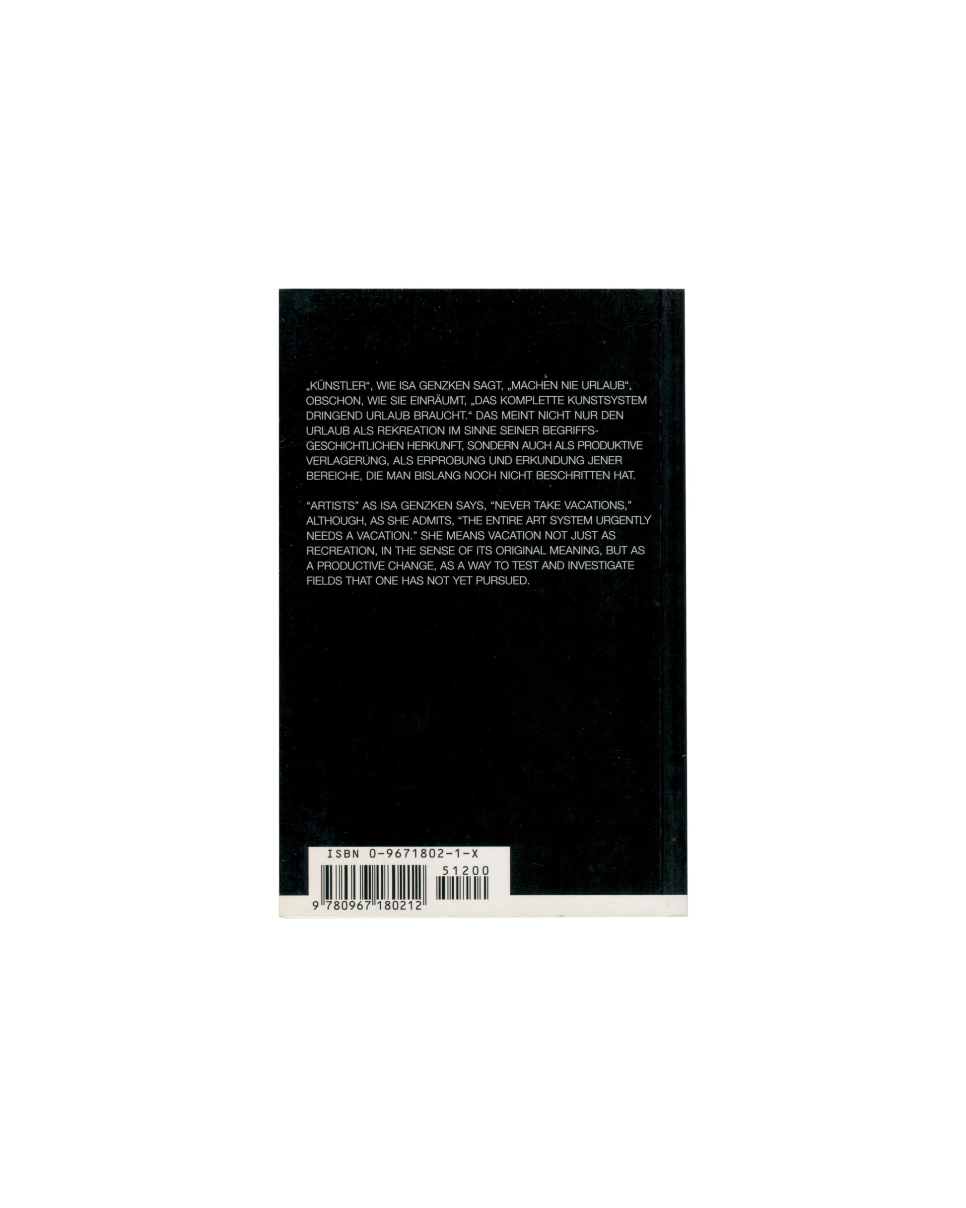 Isa Genzken, Urlaub, Pocket-Book 3, Lukas & Sternberg, 2000 — back cover with bilingual text and ISBN barcode