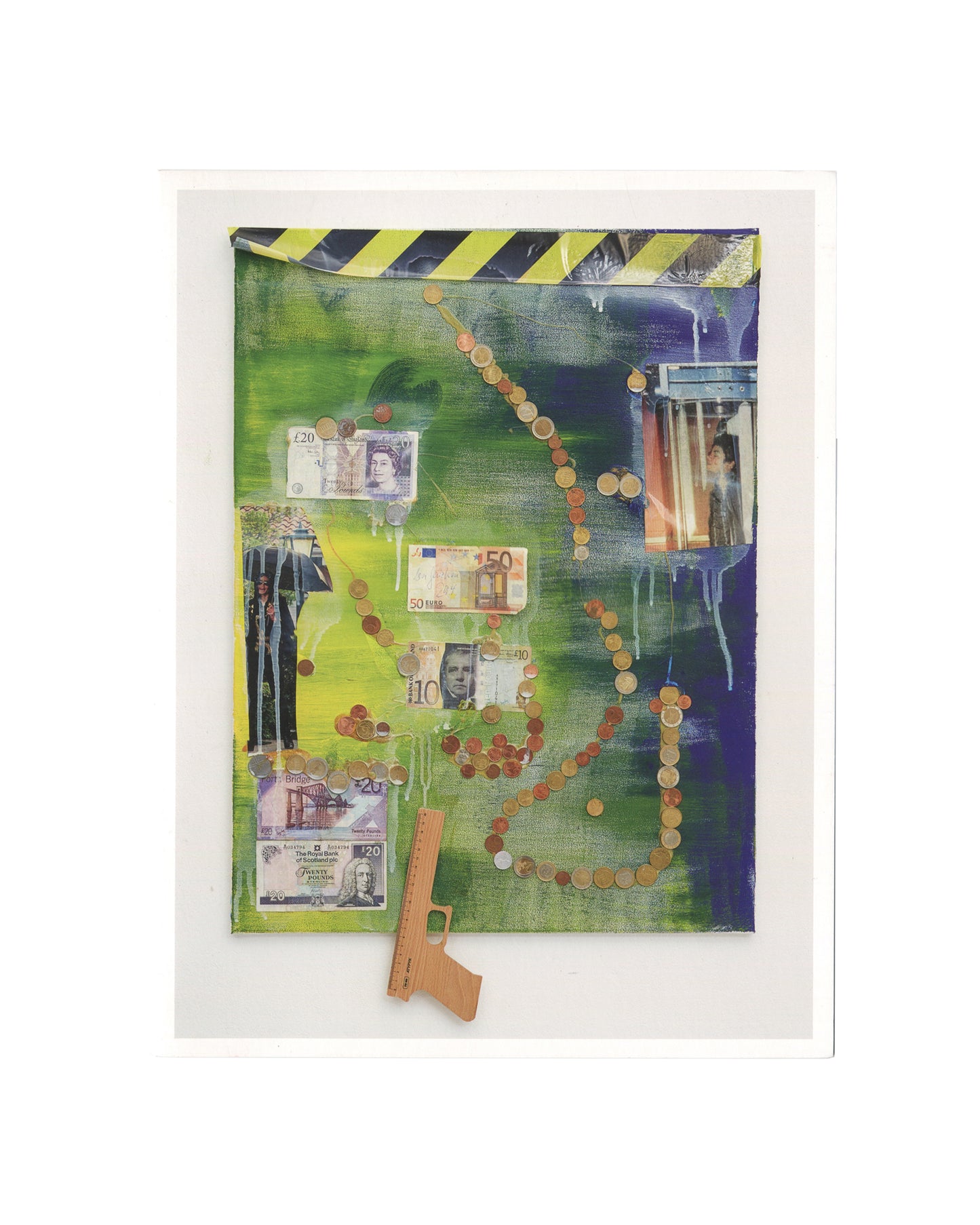 Isa Genzken, Geldbilder, Hauser & Wirth London, 2015. Cover: assemblage painting with green and blue spray paint, hazard tape border, scattered coins, £20 and €50 banknotes, Scottish £20 note, toy wooden gun, and photographic fragments.