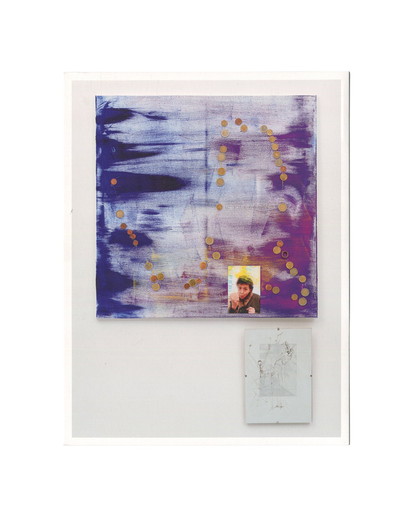 Isa Genzken, Geldbilder, Hauser & Wirth London, 2015. Interior: purple and white gestural painting with arc of gold coins, small portrait photograph with halo effect, and grey painted panel below.