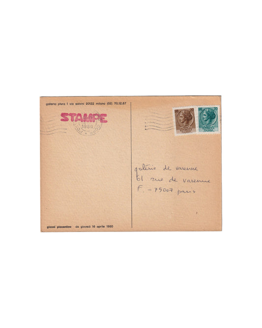 Verso (the back):

Gianni Piacentino, Stampe, Galleria Plura, Milan, 1980. Verso: postmarked Milan 1980, red STAMPE stamp, Italian Republic stamps, handwritten address to Galerie de Varenne, 61 rue de Varenne, F-75007 Paris.