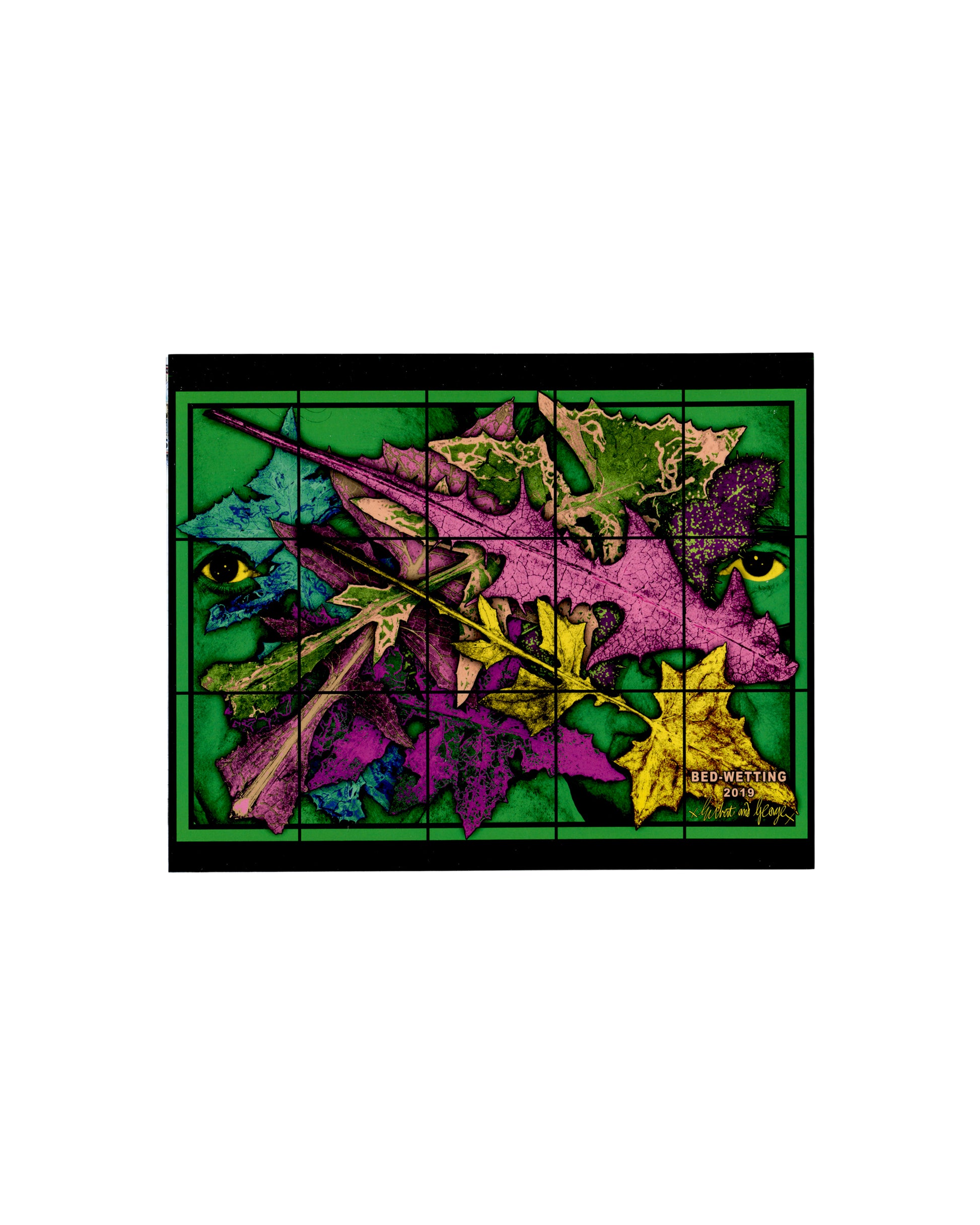 Gilbert & George, Bed-Wetting 2019; saturated leaves and eyes in green grid, invitation cover recto