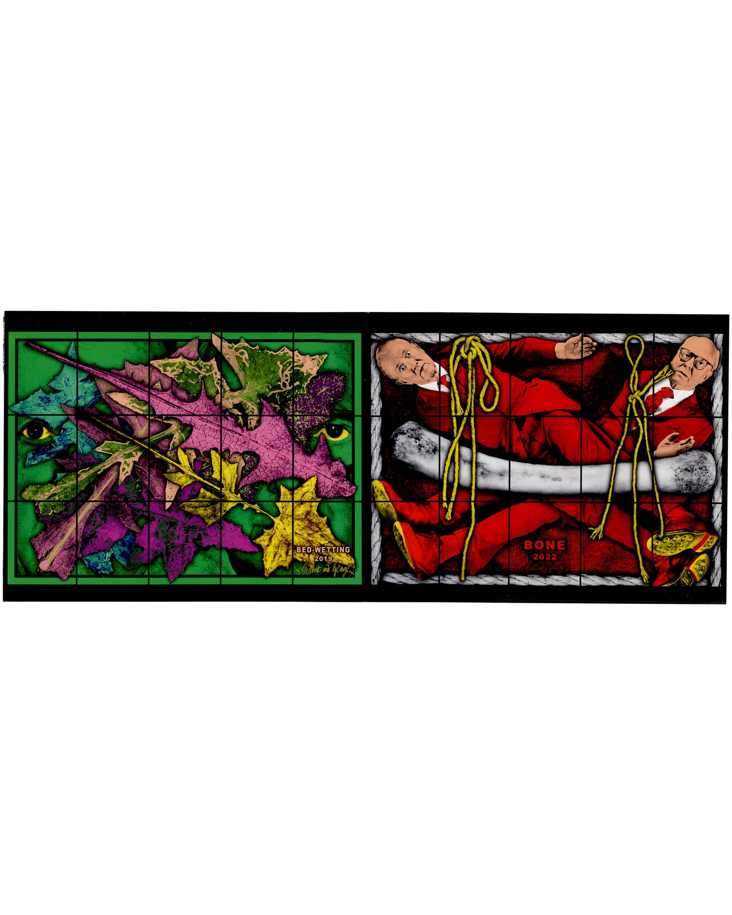 Gilbert & George, Bed-Wetting 2019 and Bone 2022; invitation unfolded showing both works side by side, 2023