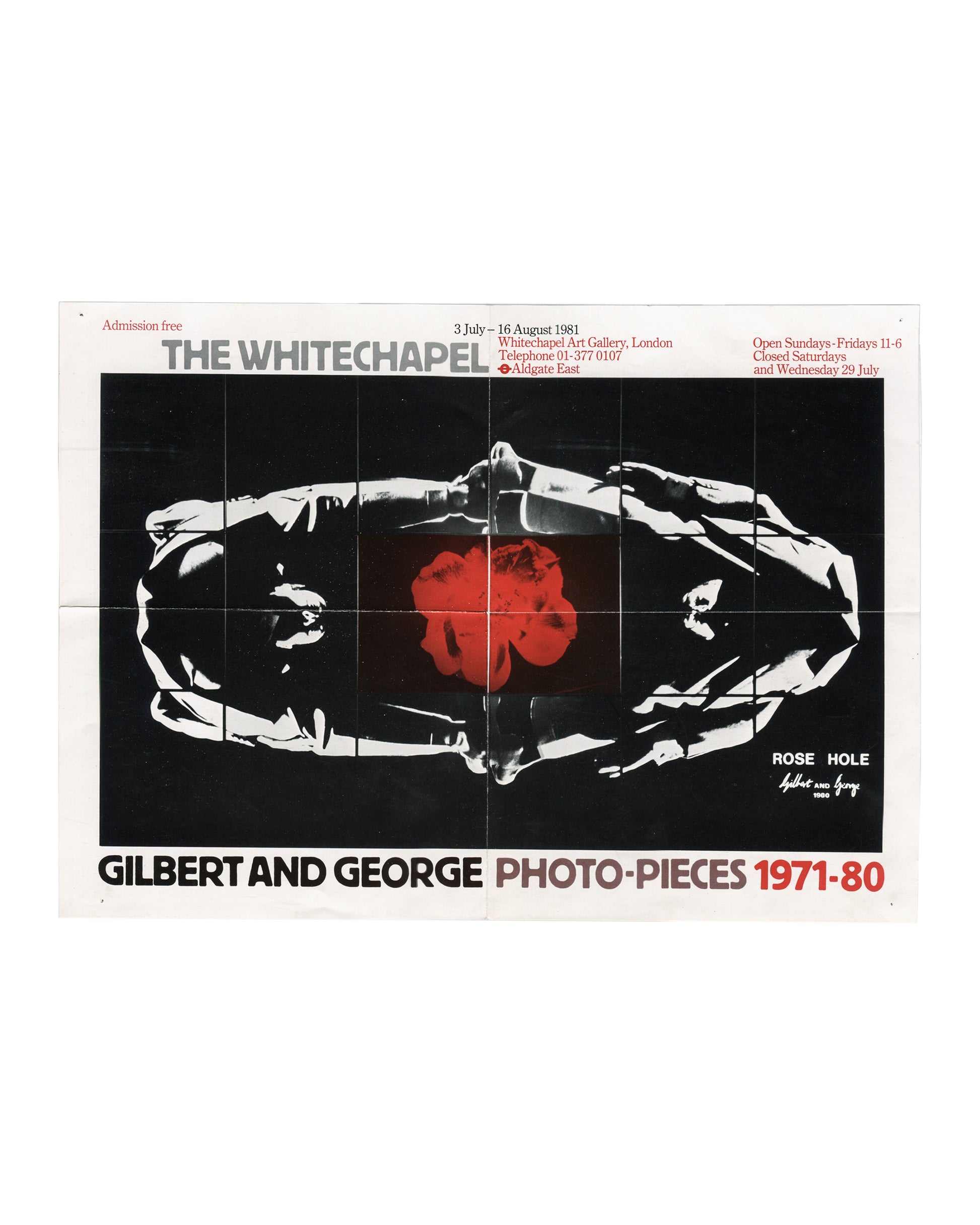 Original 1981 Gilbert & George exhibition poster, Photo-Pieces 1971–80, Whitechapel Art Gallery, London. Front showing Rose Hole, 1980, offset print in black, grey and red with institutional text.
