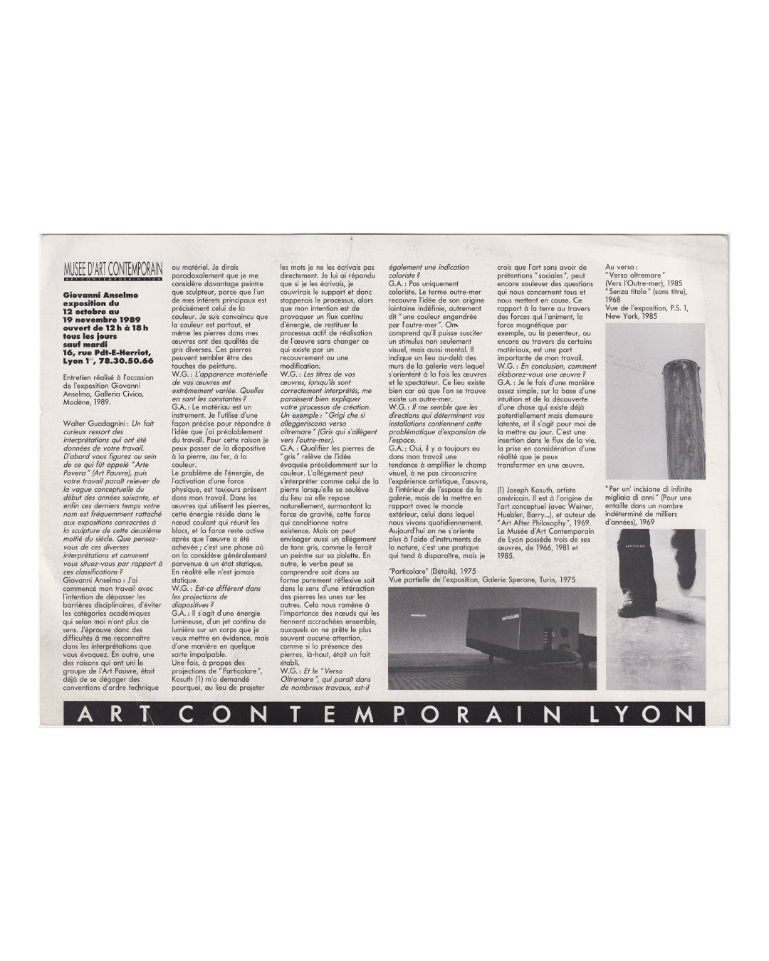 Giovanni Anselmo, Griechische Stücke, exhibition announcement verso, Musée d'Art Contemporain, Lyon, 1989.