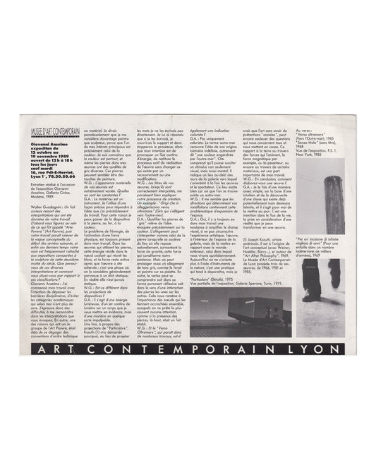 Giovanni Anselmo, Griechische Stücke, exhibition announcement verso, Musée d'Art Contemporain, Lyon, 1989.