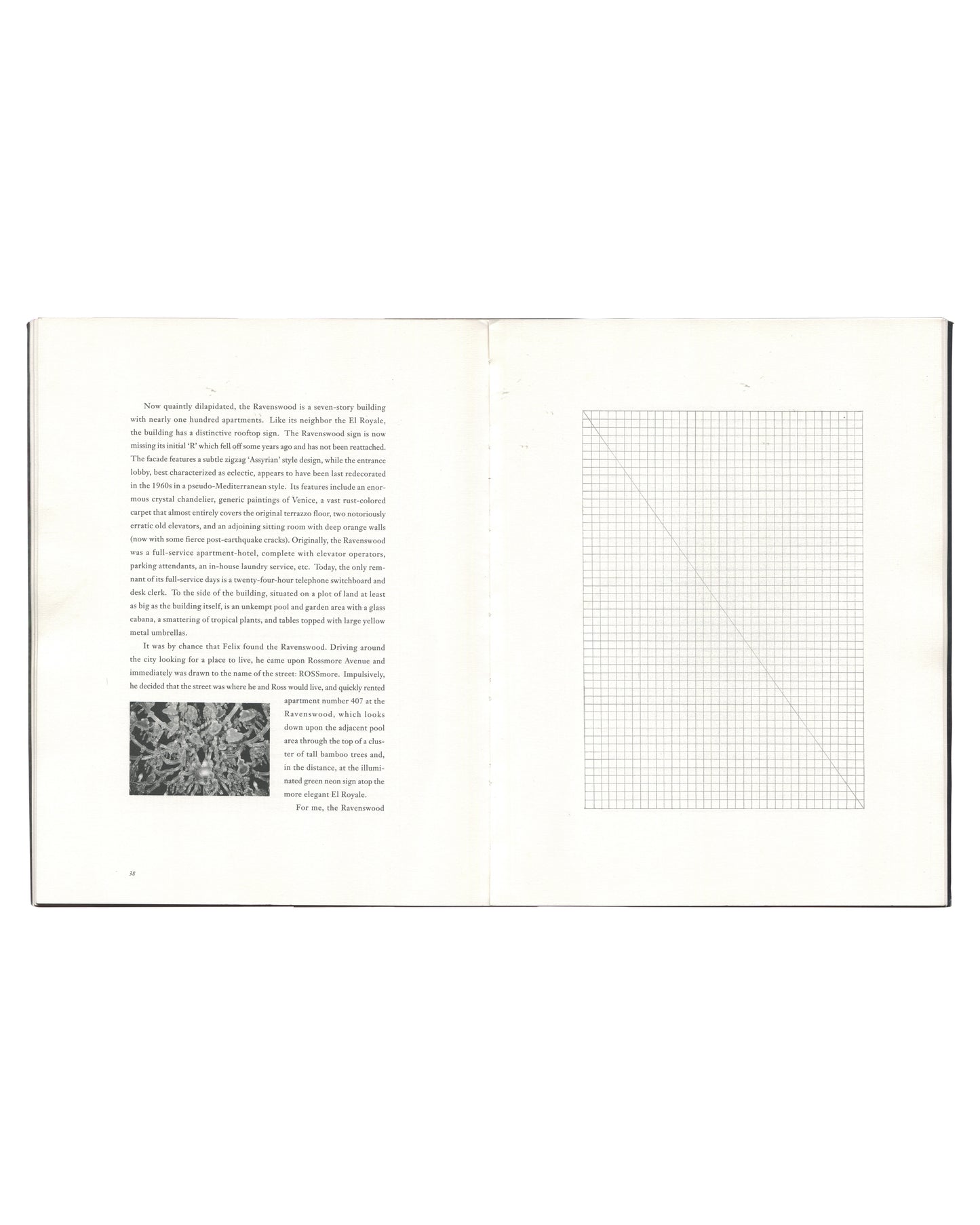 Open spread from the Félix González-Torres exhibition catalogue showing a text essay opposite a minimalist grid drawing with a diagonal line. Small black-and-white image reproduced within the essay.