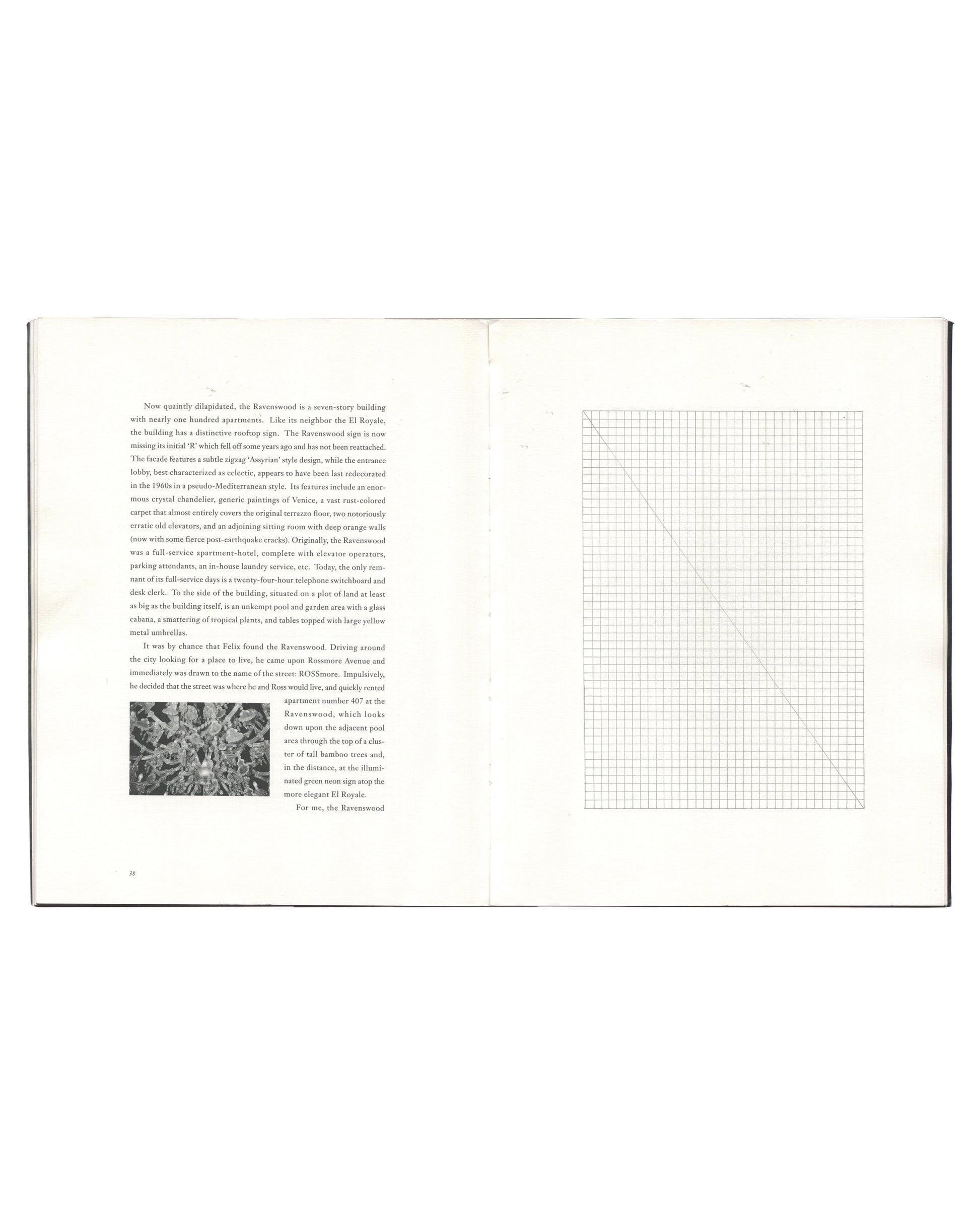Open spread from the Félix González-Torres exhibition catalogue showing a text essay opposite a minimalist grid drawing with a diagonal line. Small black-and-white image reproduced within the essay.