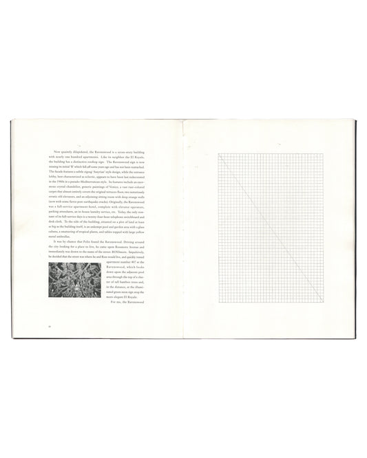 Open spread from the Félix González-Torres exhibition catalogue showing a text essay opposite a minimalist grid drawing with a diagonal line. Small black-and-white image reproduced within the essay.