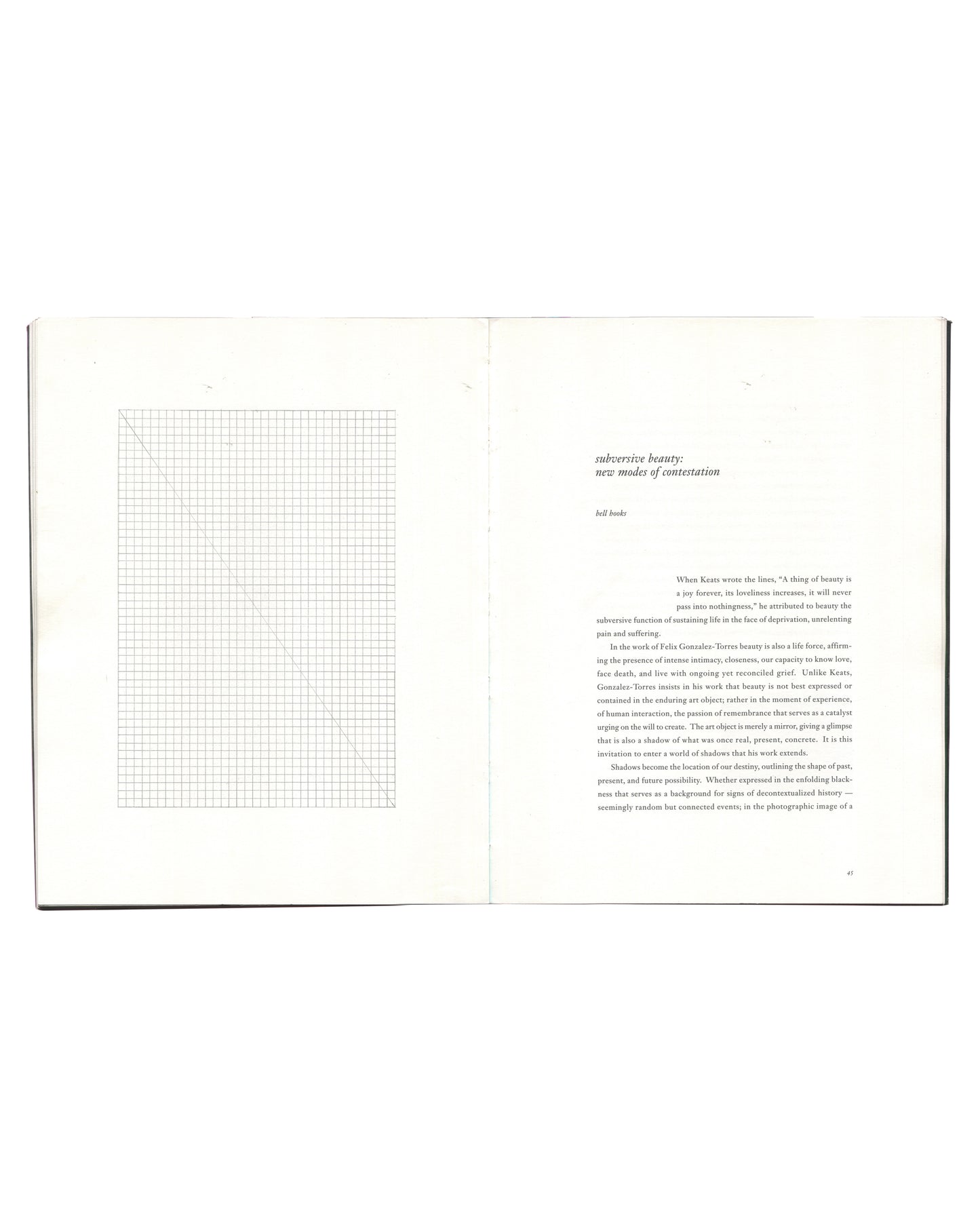 Open spread from the Félix González-Torres catalogue featuring a large geometric grid drawing on the left page and bell hooks' essay “subversive beauty: new modes of contestation” on the right.