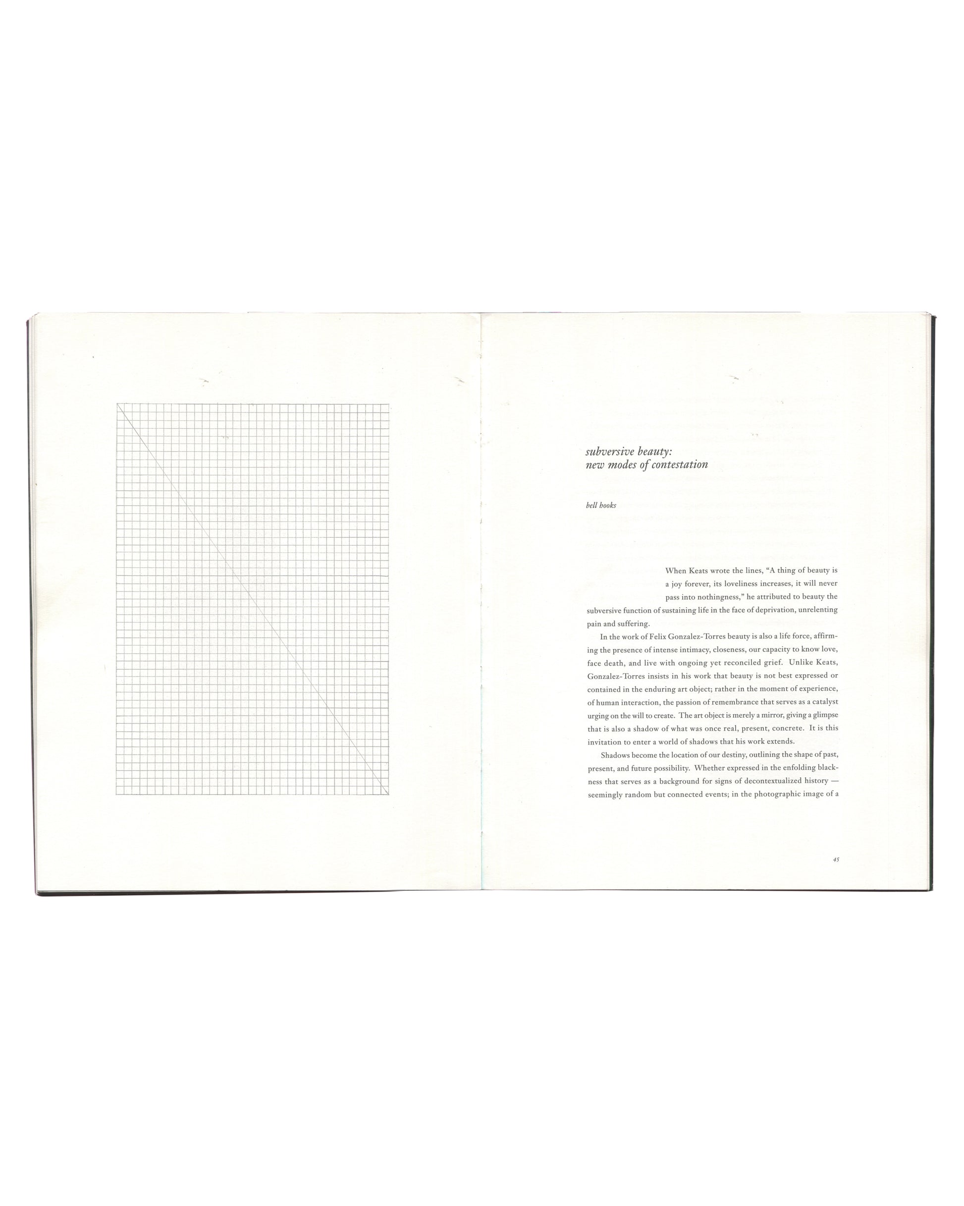 Open spread from the Félix González-Torres catalogue featuring a large geometric grid drawing on the left page and bell hooks' essay “subversive beauty: new modes of contestation” on the right.