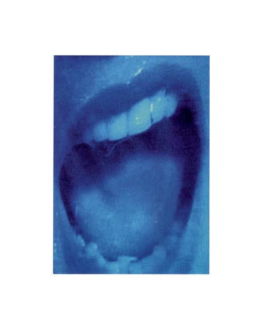 Douglas Gordon, 24 Hour Psycho, 1993, installation view, Spellbound: Art and Film, Hayward Gallery, London, 1996, blue-toned projection photograph, postcard recto