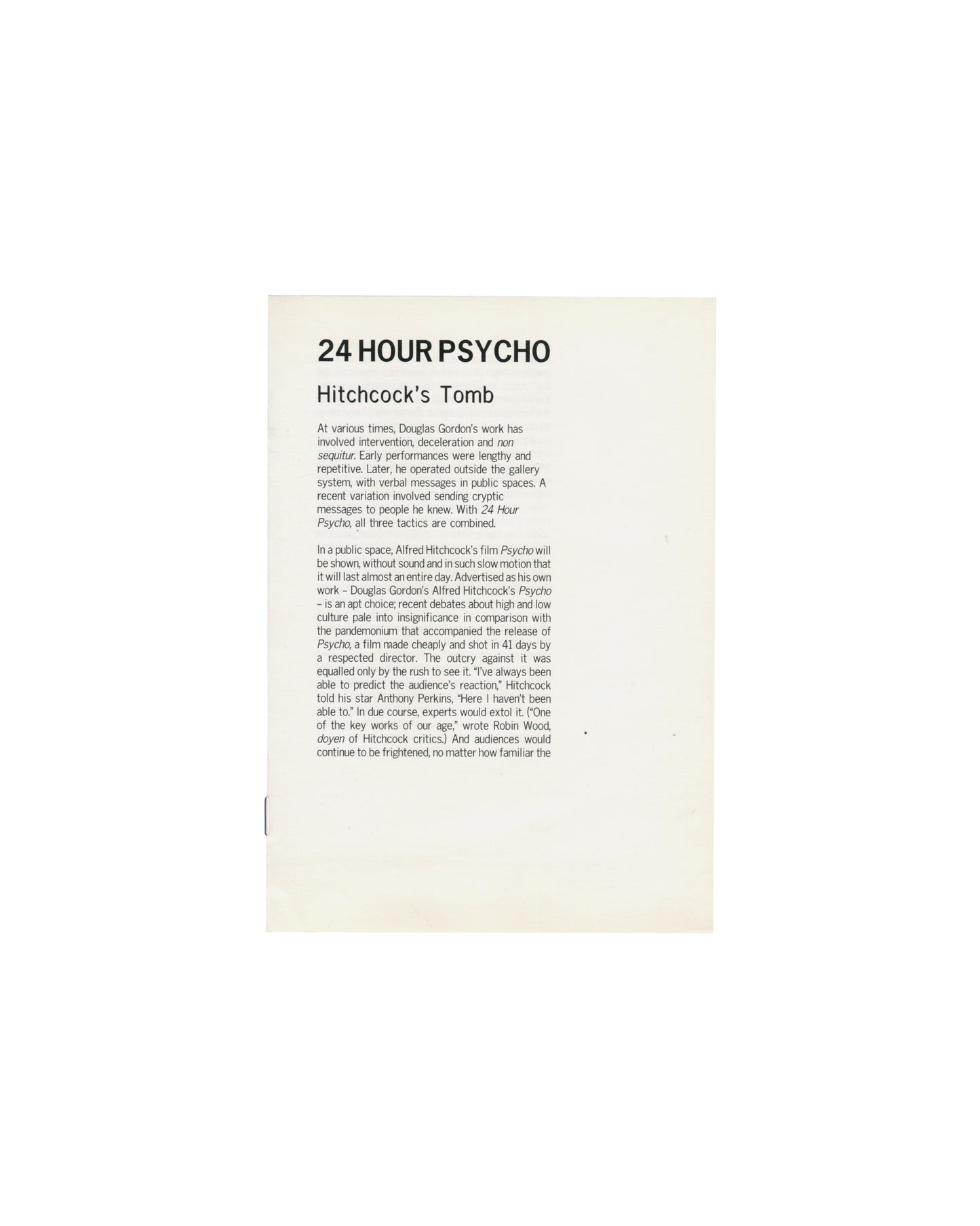 Douglas Gordon, 24 Hour Psycho, Tramway Glasgow, 1993, exhibition handout front, Stuart Morgan, Hitchcock's Tomb, text recto