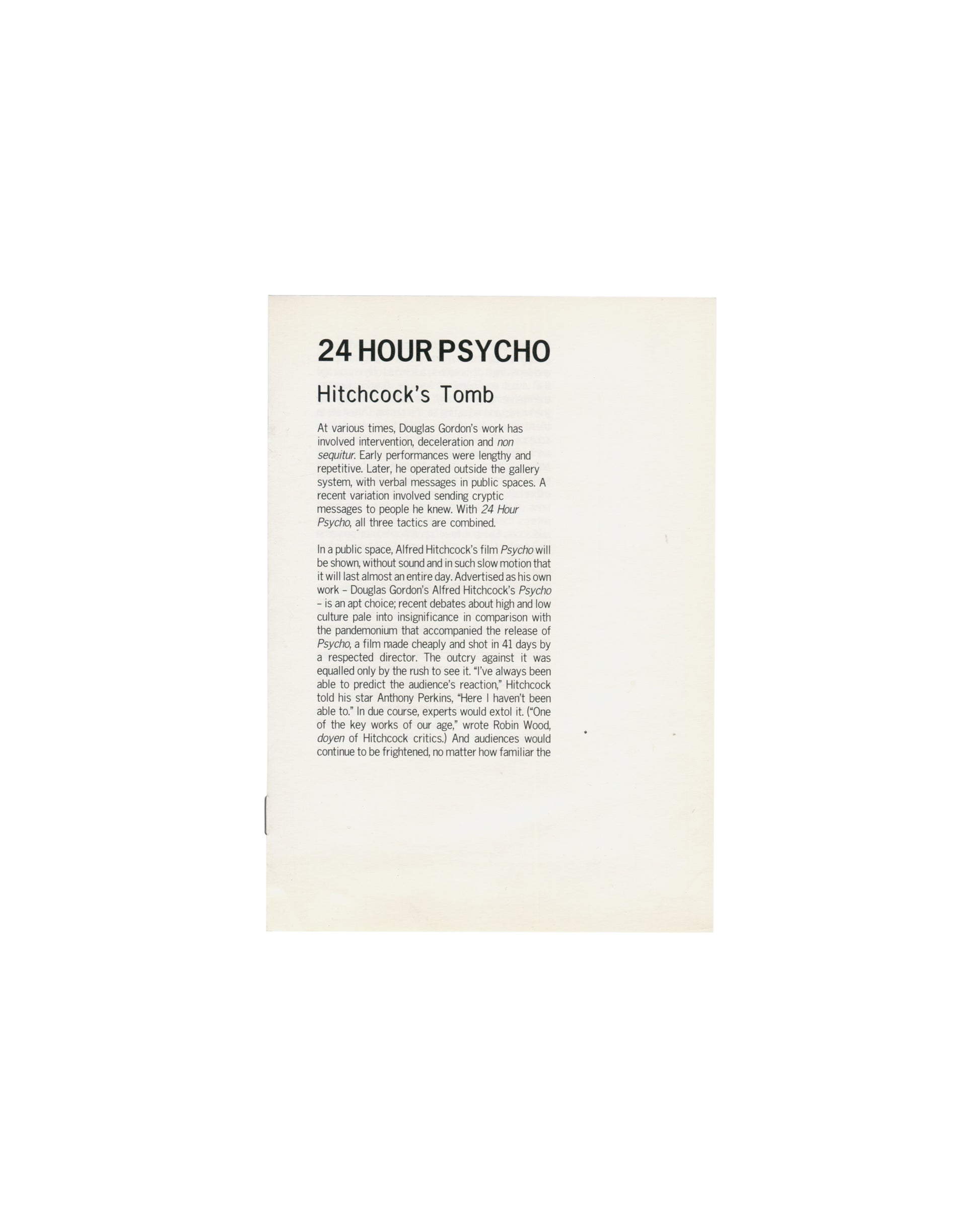 Douglas Gordon, 24 Hour Psycho, Tramway Glasgow, 1993, exhibition handout front, Stuart Morgan, Hitchcock's Tomb, text recto