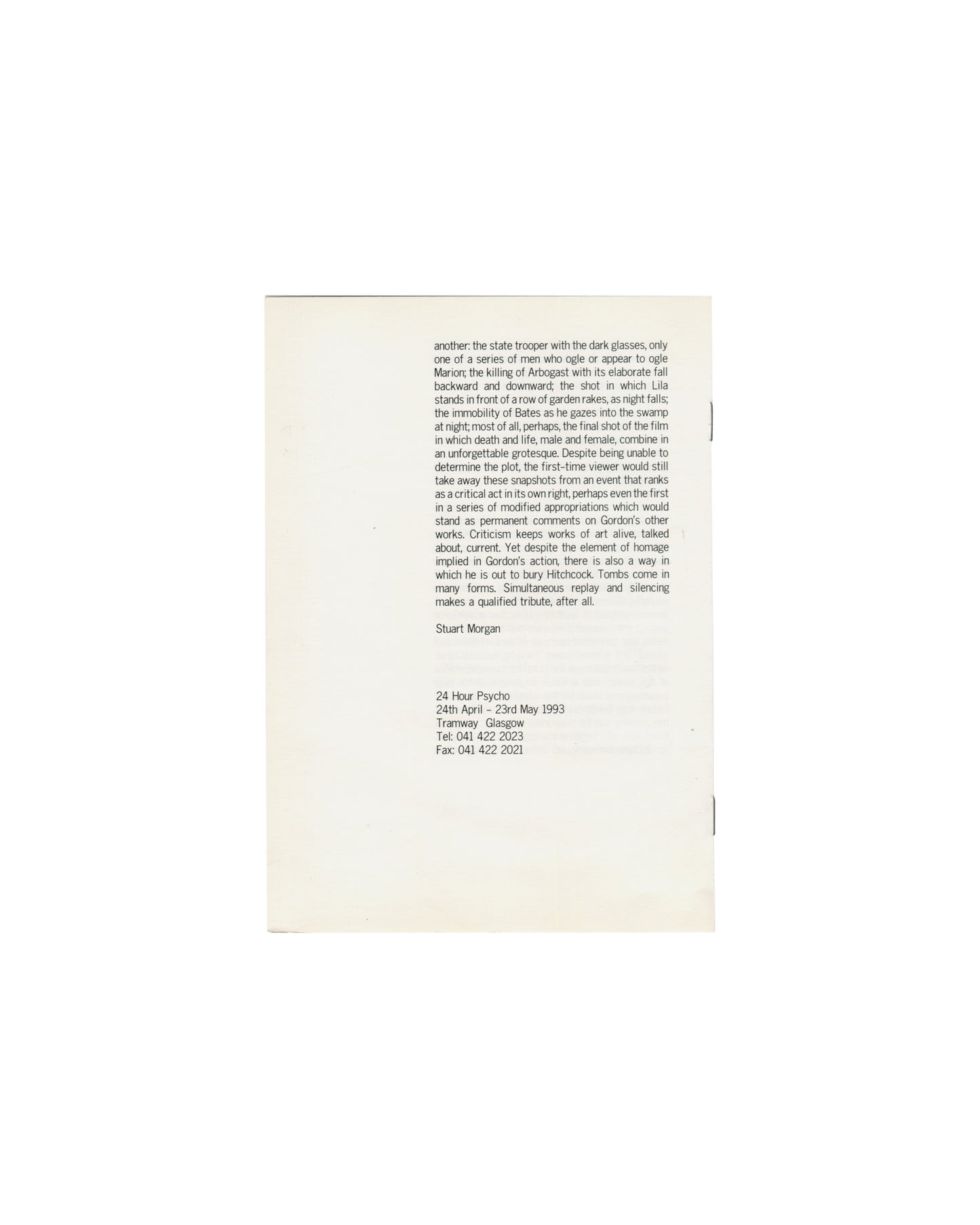 Douglas Gordon, 24 Hour Psycho, Tramway Glasgow, 1993, exhibition handout reverse, 24 April–23 May 1993, venue and contact details