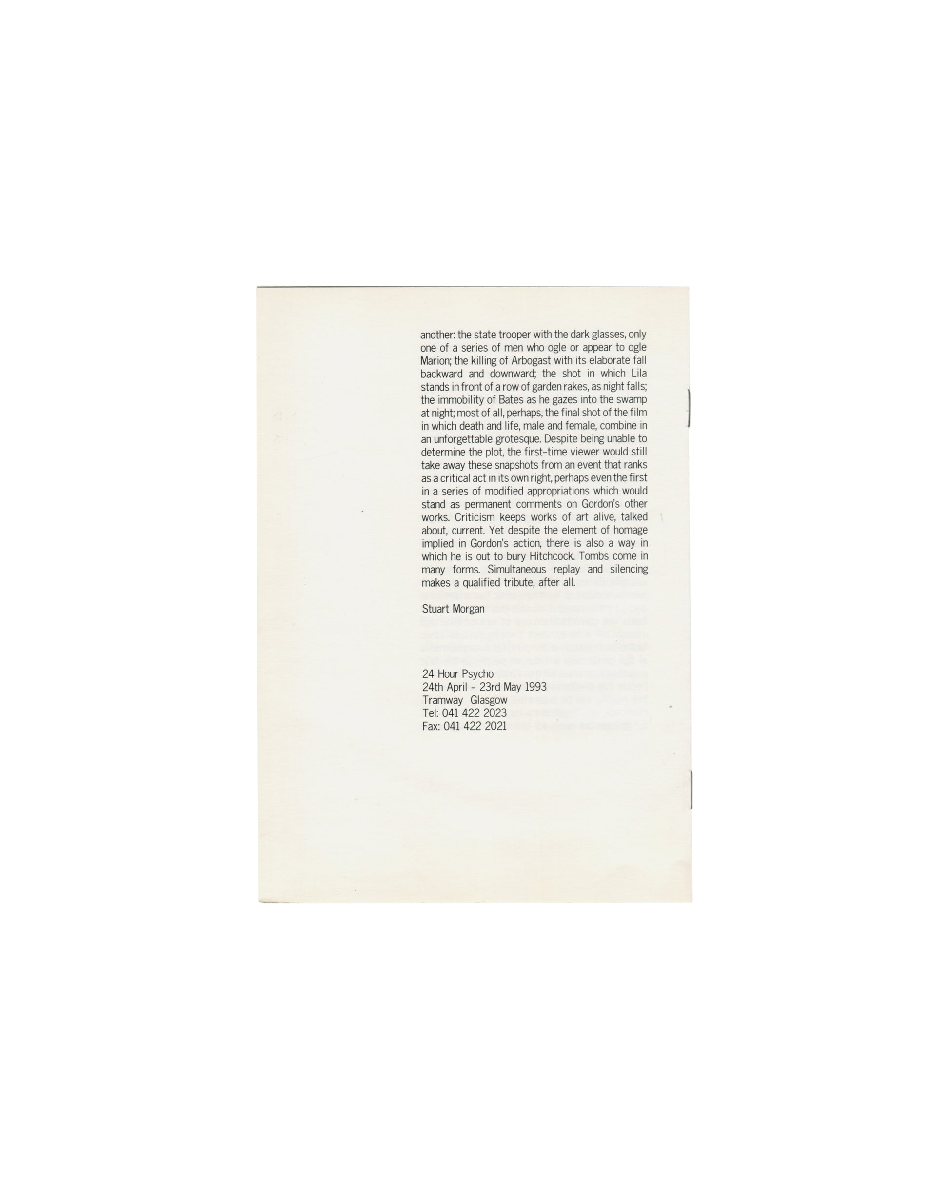 Douglas Gordon, 24 Hour Psycho, Tramway Glasgow, 1993, exhibition handout reverse, 24 April–23 May 1993, venue and contact details