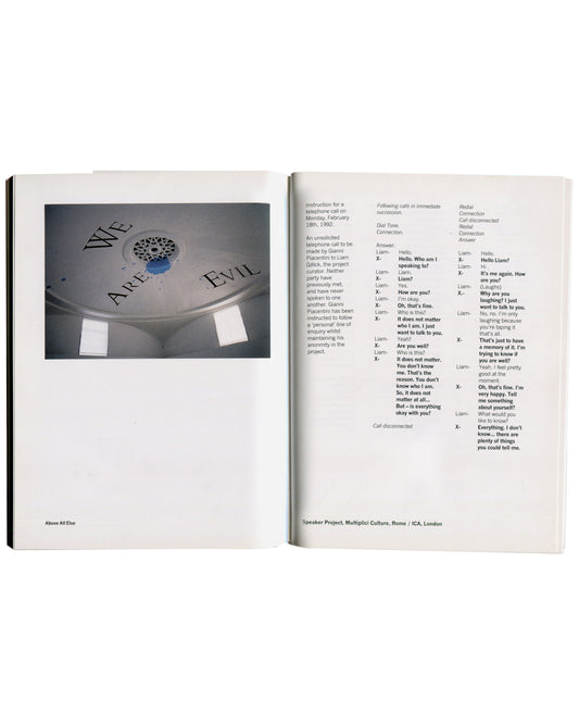 Douglas Gordon, It Doesn't Matter Who I Am, Generisch / Tramway Glasgow, 1993, interior spread, We Are Evil installation, telephone call transcript, Liam Gillick
