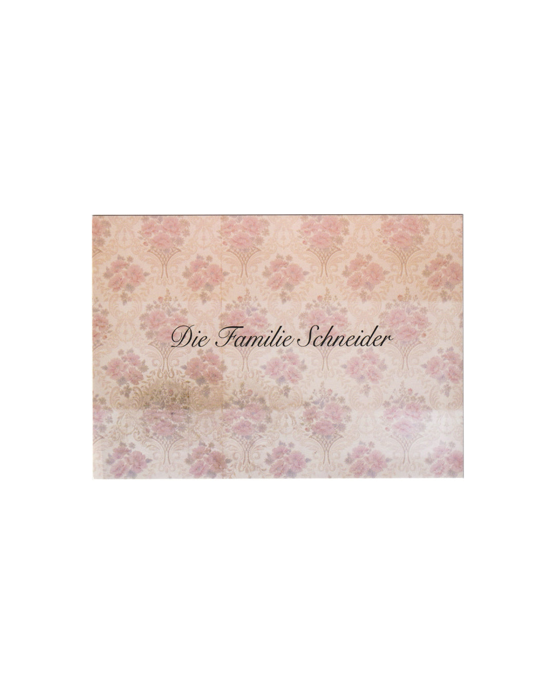 Recto (front):

Gregor Schneider, Die Familie Schneider, Konrad Fischer Galerie, Berlin, 2014. Recto: printed card with repeating soft pink floral wallpaper motif on cream ground; title Die Familie Schneider set in dark script at centre.