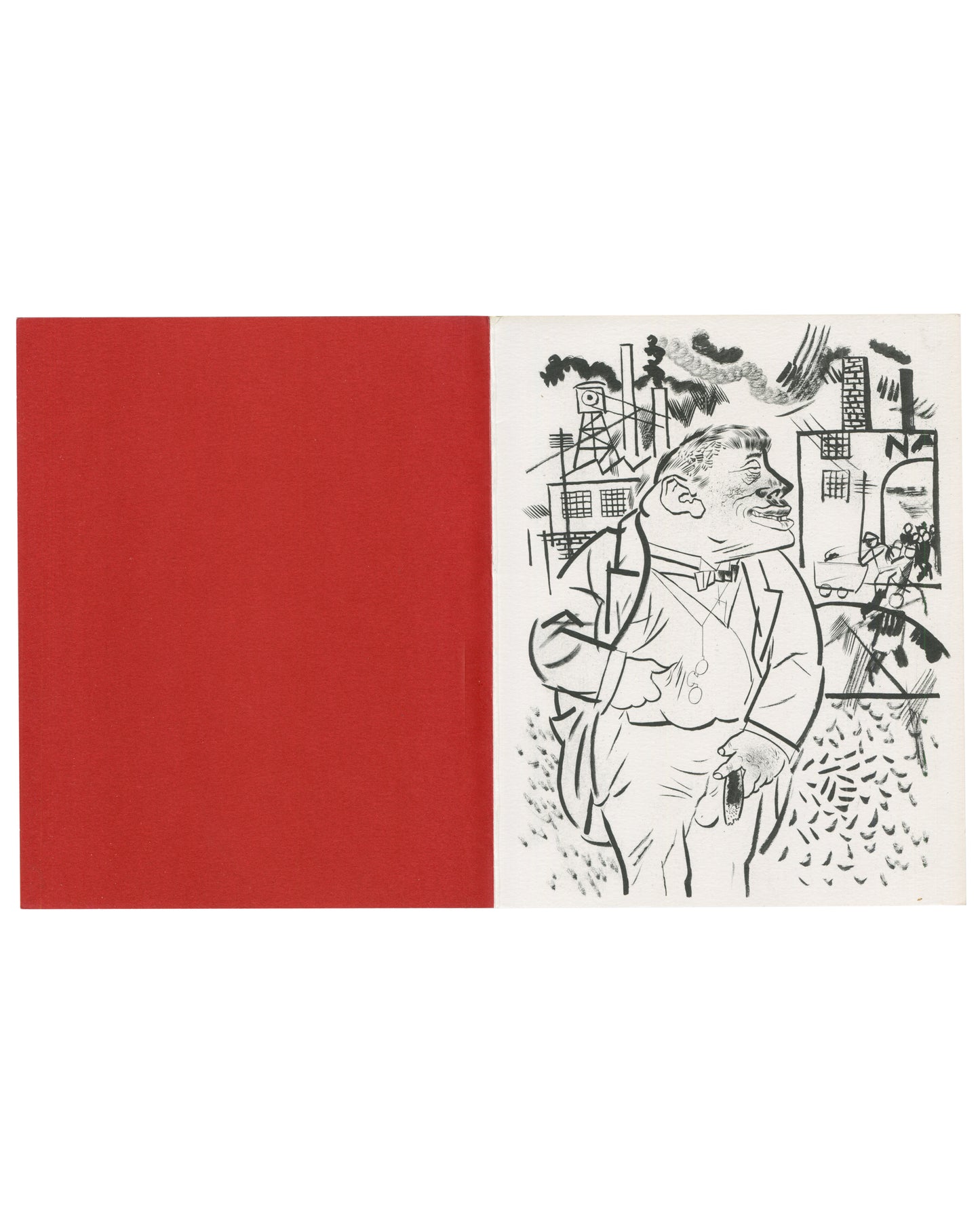 George Grosz, His Visual and Theatrical Politics 2005; red interior panel left, black-and-white Grosz caricature right, Moeller Fine Art