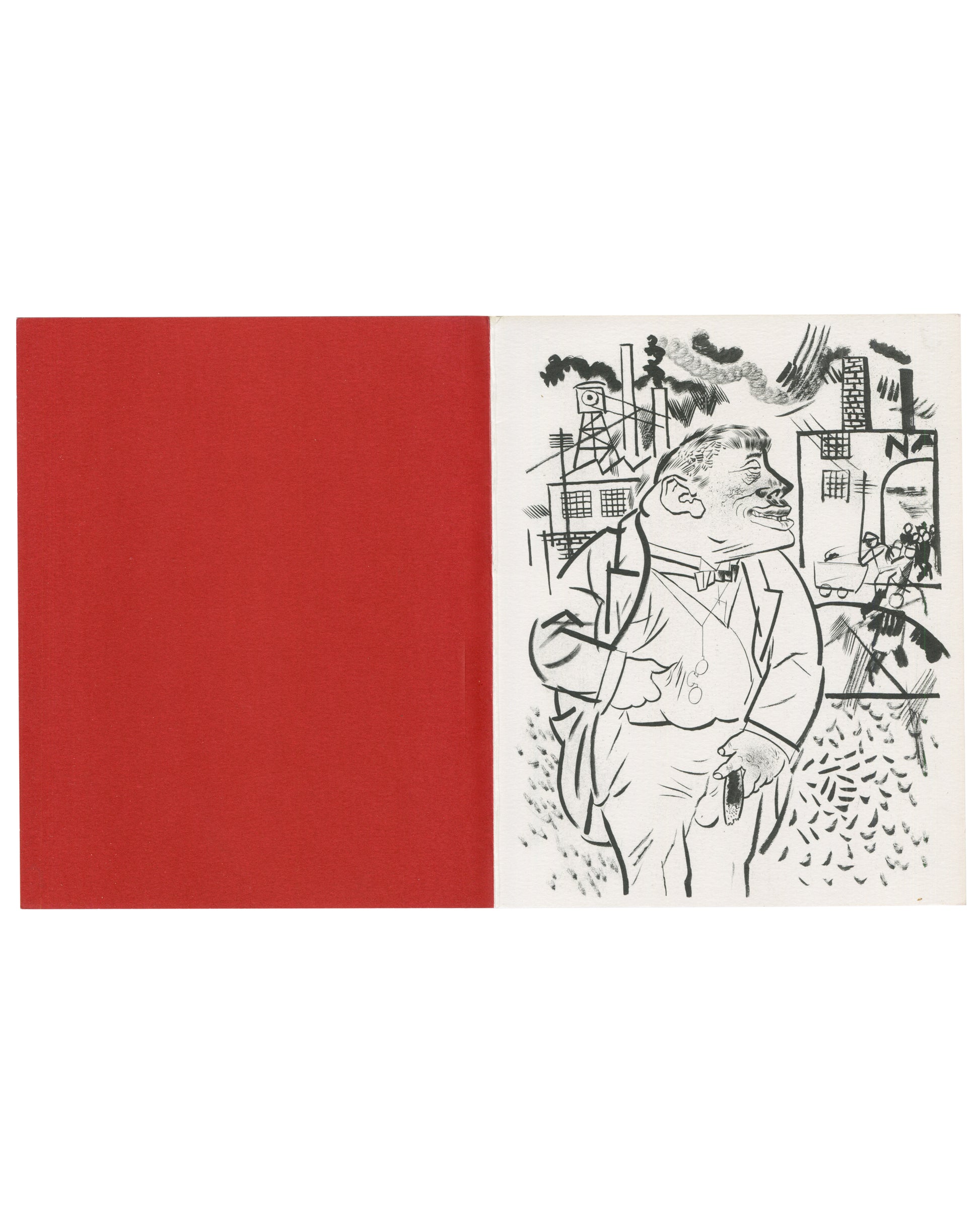 George Grosz, His Visual and Theatrical Politics 2005; red interior panel left, black-and-white Grosz caricature right, Moeller Fine Art