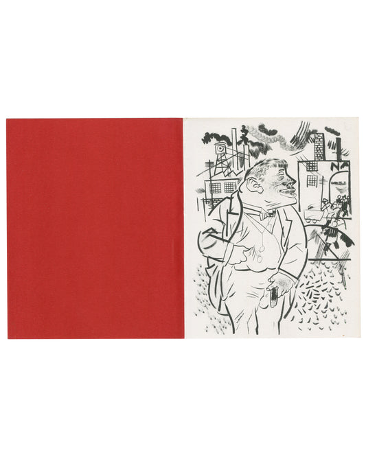 George Grosz, His Visual and Theatrical Politics 2005; red interior panel left, black-and-white Grosz caricature right, Moeller Fine Art