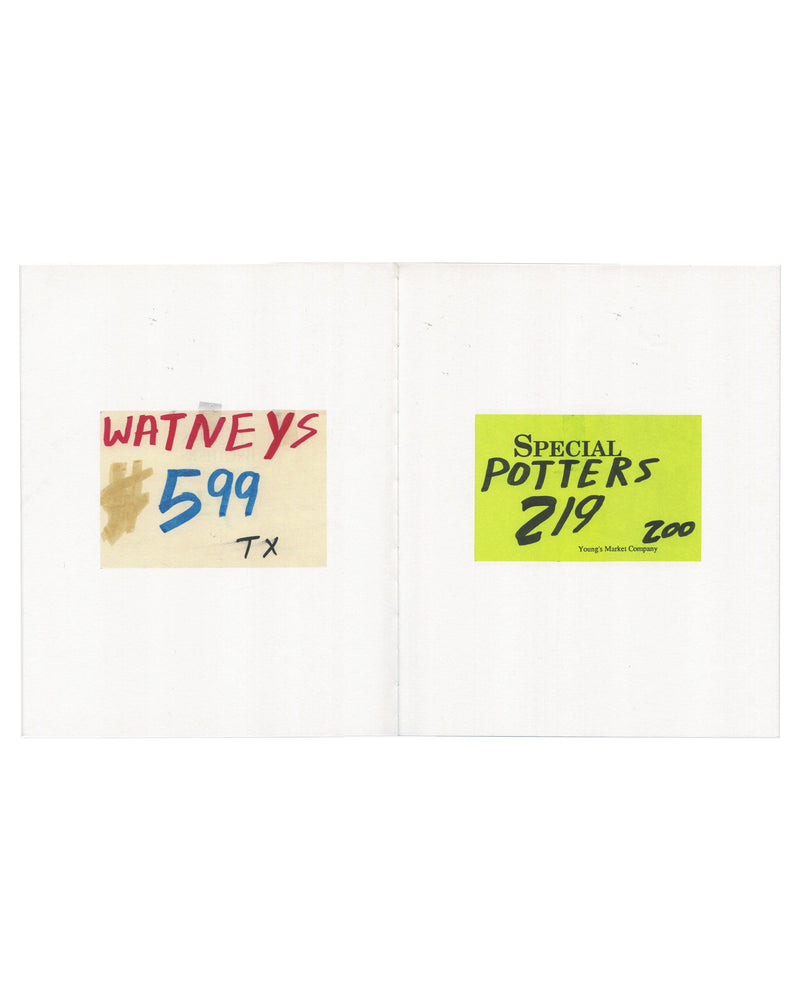 Open spread from Mark Grotjahn K&H Liquors, Karma, 2015. Two handmade liquor store price signs: 'Watneys $5.99 Tx' in red and blue on yellowed label, and 'Special Potters 219 Zoo' on fluorescent green Young's Market Company sticker.