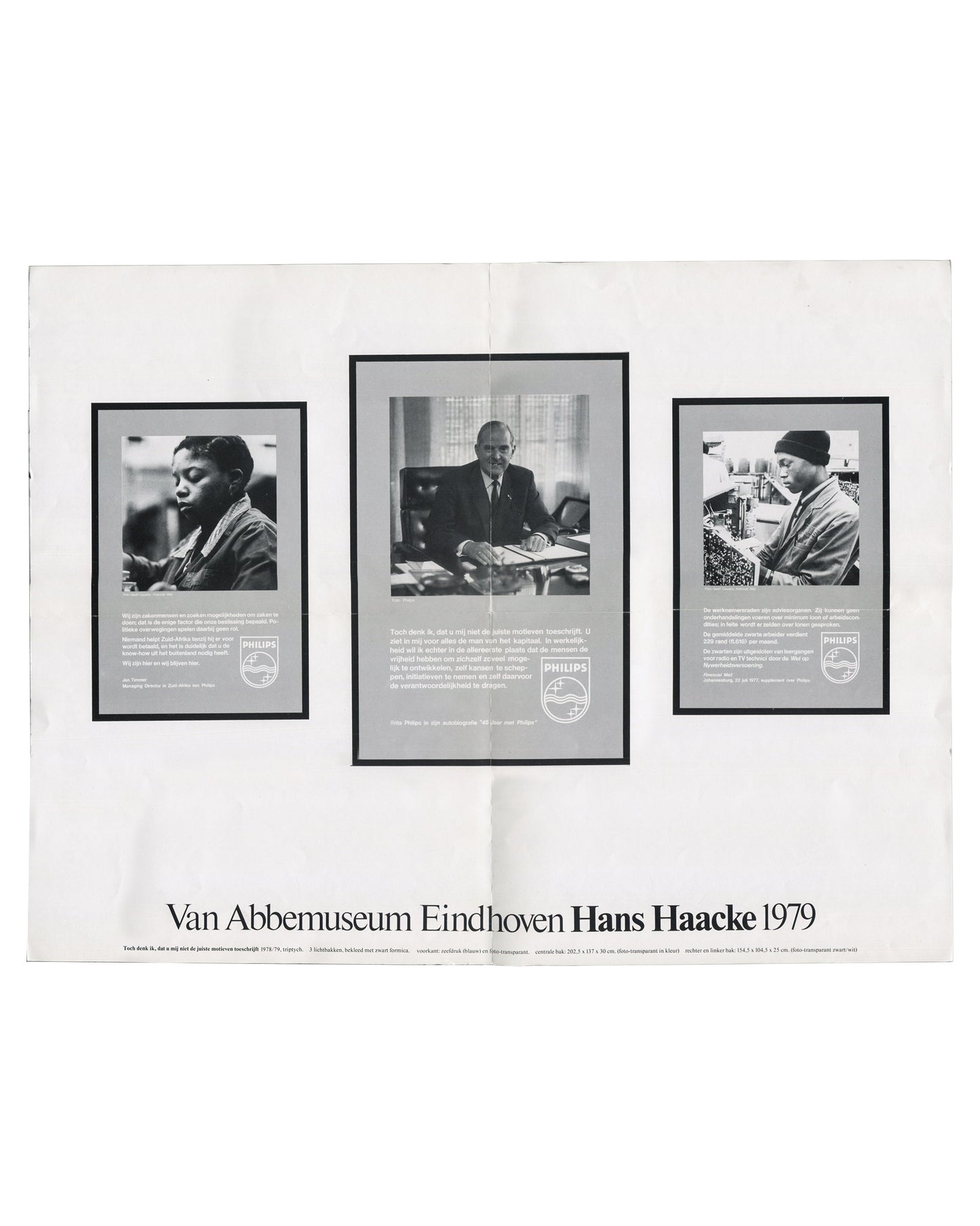 Exhibition poster, Hans Haacke, Van Abbemuseum Eindhoven, 1979. Offset lithograph, double-sided, 42 × 54 cm. Reverse side: three black-and-white photographic reproductions with captions, Philips branding. Good vintage condition with original folds and handling marks.