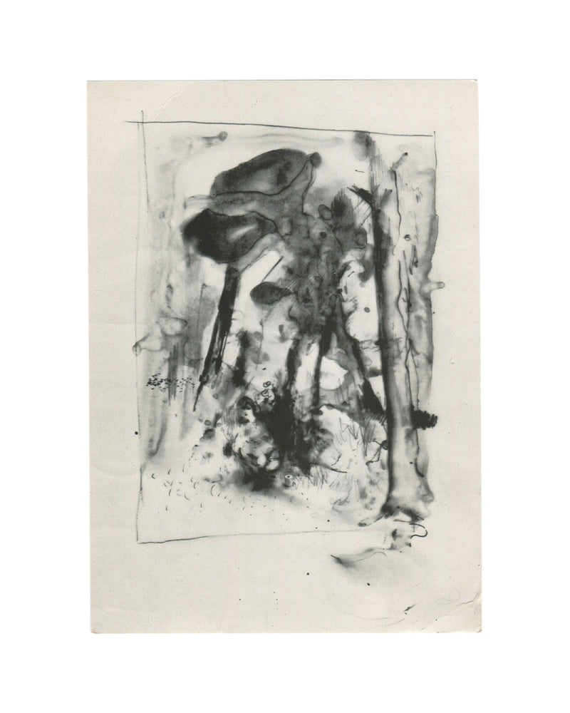 Richard Hamilton, exhibition invitation recto. Serpentine Gallery, London, 1975. Black-and-white photographic reproduction of an abstract work: a gestural composition of dark fluid marks, washes, and drips on a pale ground, framed by a thin ruled border. A large organic dark form dominates the upper left, with vertical streaks and pooled marks descending toward the lower centre. Scattered smaller marks and traces throughout. Cream card with age toning, surface marks, and minor corner wear visible.