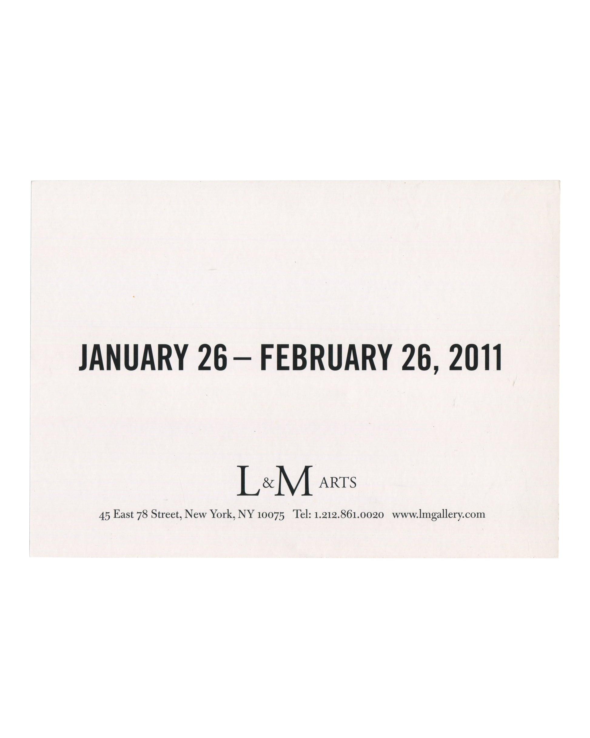 David Hammons, exhibition invitation postcard, L&M Arts, New York, 2011. Verso: exhibition dates January 26 – February 26, 2011, and L&M Arts gallery address, 45 East 78 Street, New York, printed in black on white card