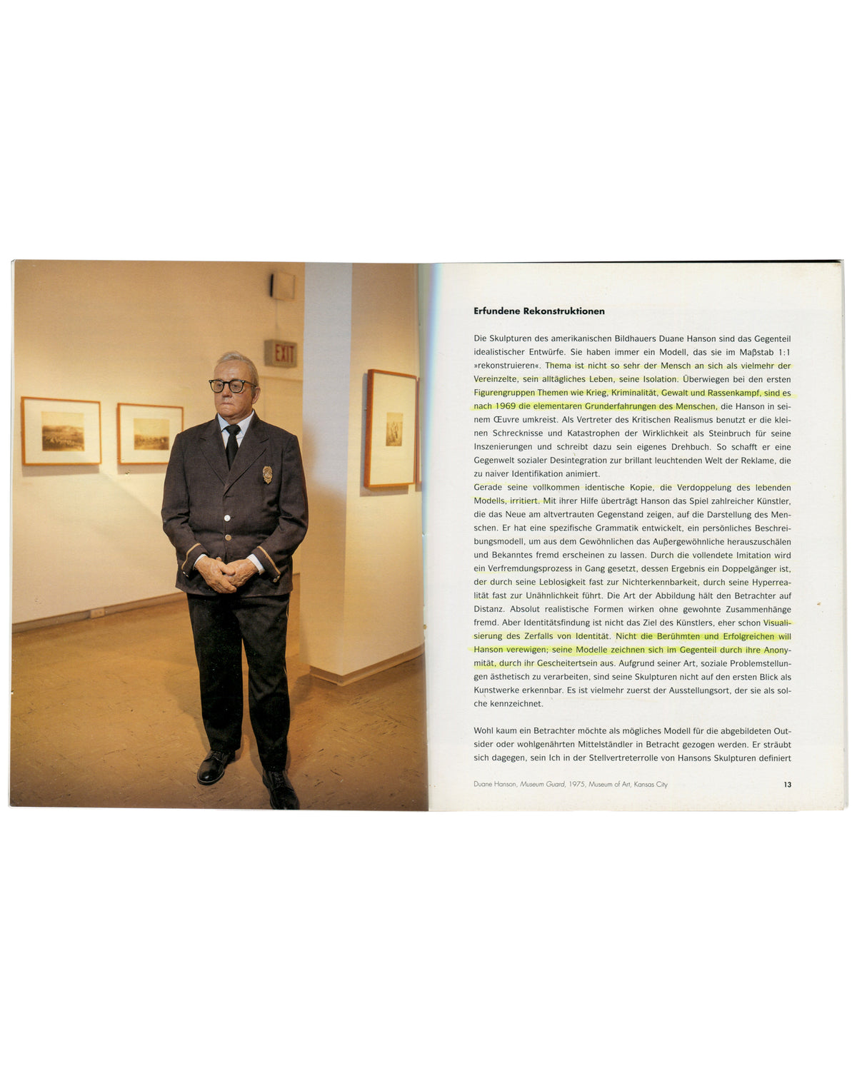 Duane Hanson, Housewife, 2000, pages 12–13, Museum Guard, 1975, with yellow highlighting in the text
