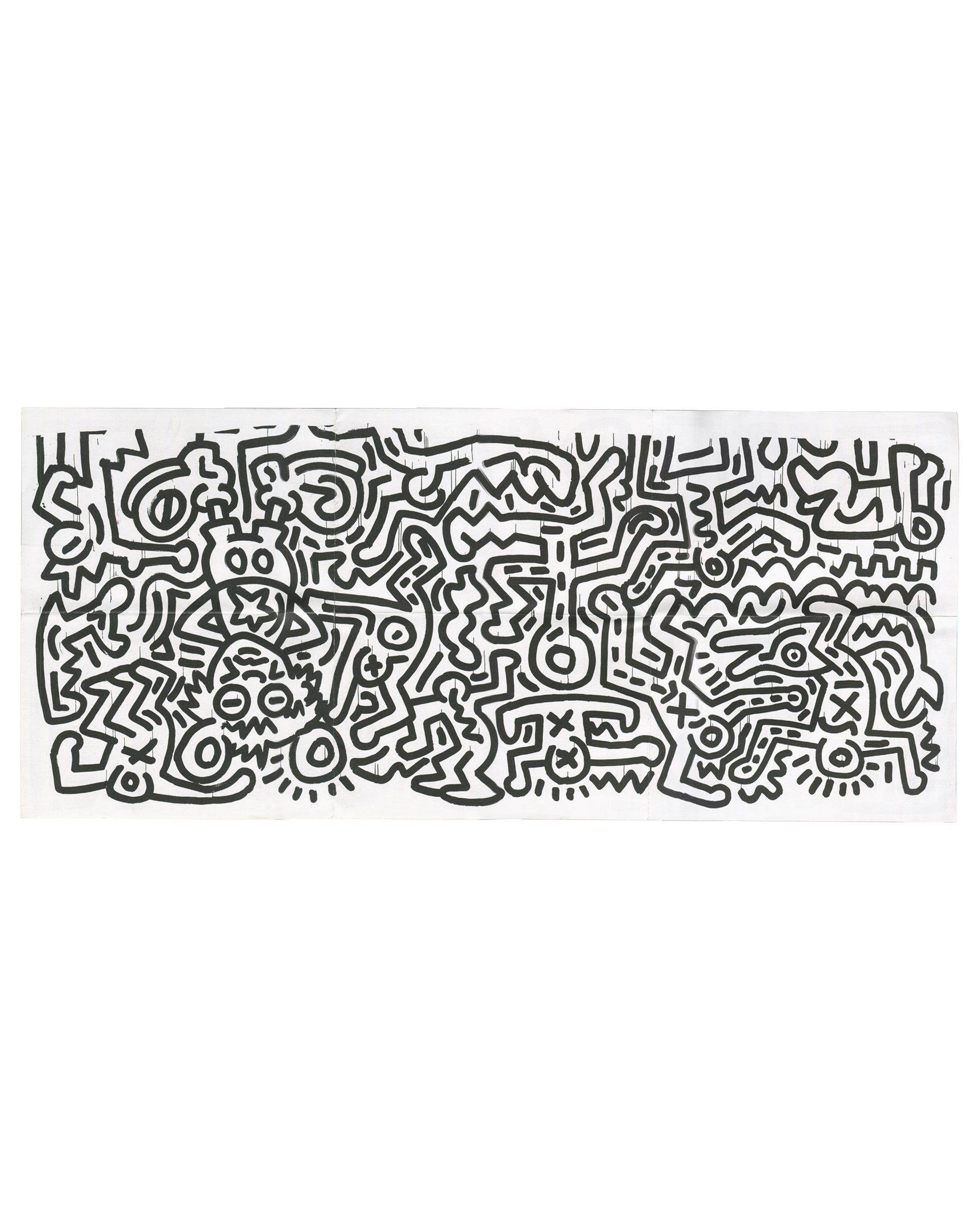 Reverse of 2003 Keith Haring Pop Figuration exhibition announcement, Deitch Projects. Full-width black-line drawing of interlocked figures, eyes, animals and hybrid bodies in Haring's characteristic style, printed across all six unfolded panels.