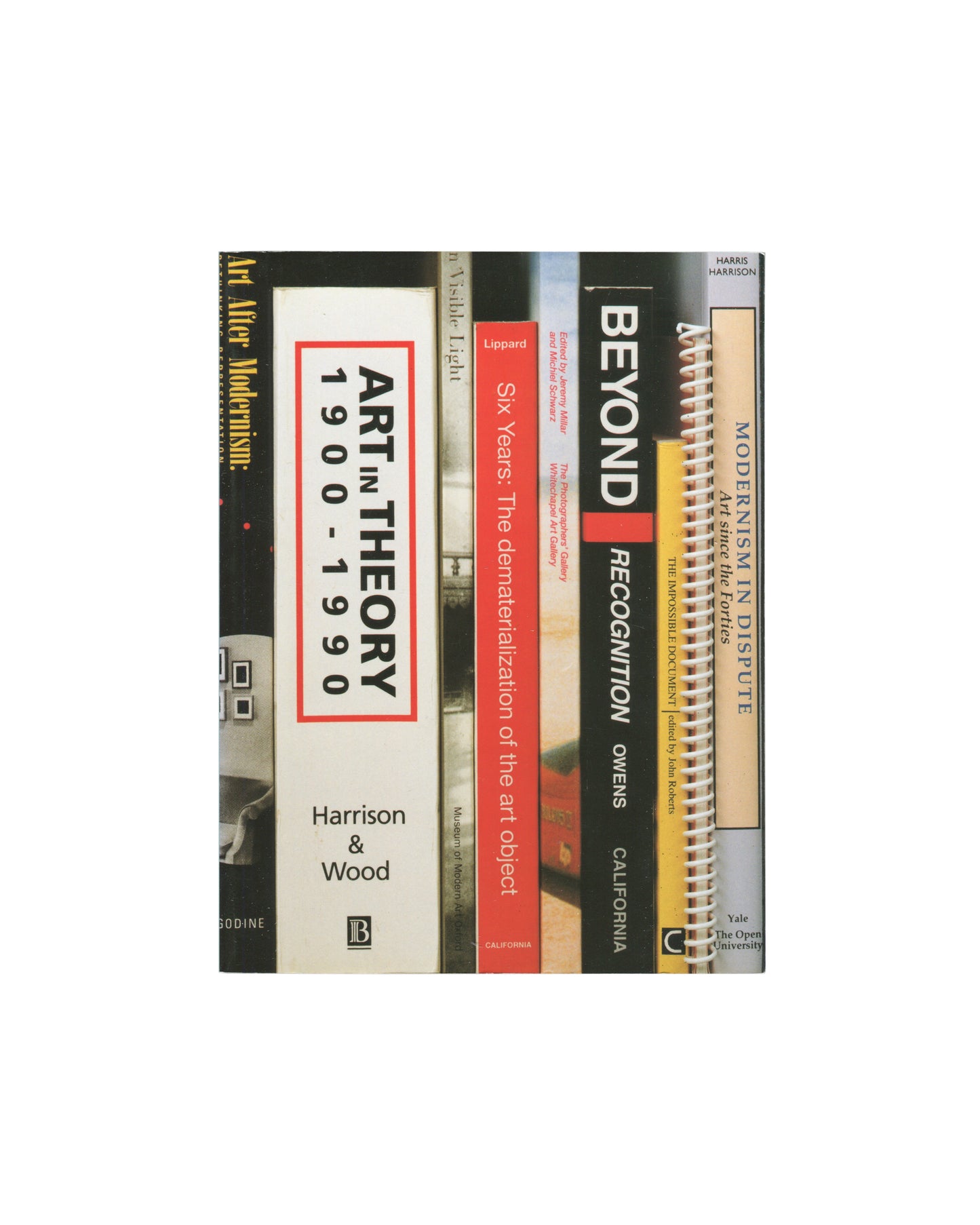 Stack of art theory books spine-out including Roland Barthes Camera Lucida, Mythologies, Image Music Text, Walter Benjamin Illuminations, Jean Baudrillard America, Douglas Crimp On the Museum's Ruins, and Mark Dion Natural History and Other Fictions.