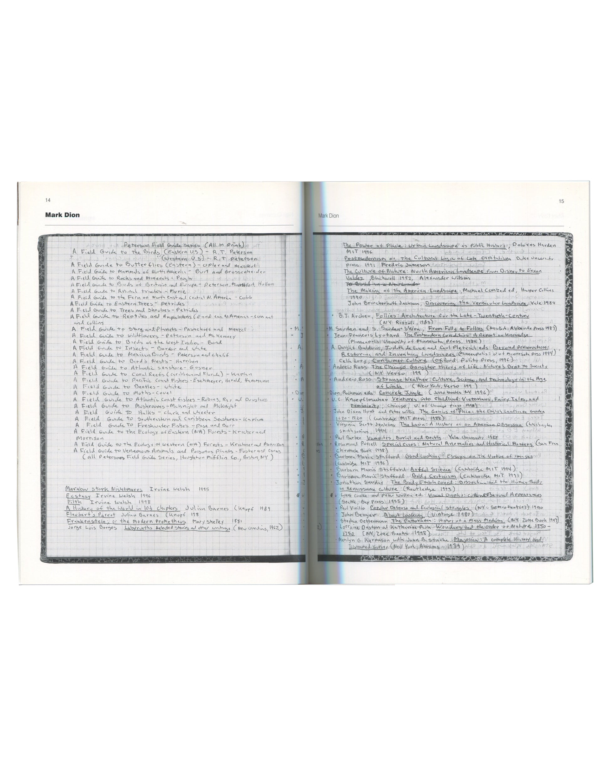 Mark Dion, pp.14–15 — Handwritten reading list on ruled notebook paper including field guides, ecology texts, and cultural theory.