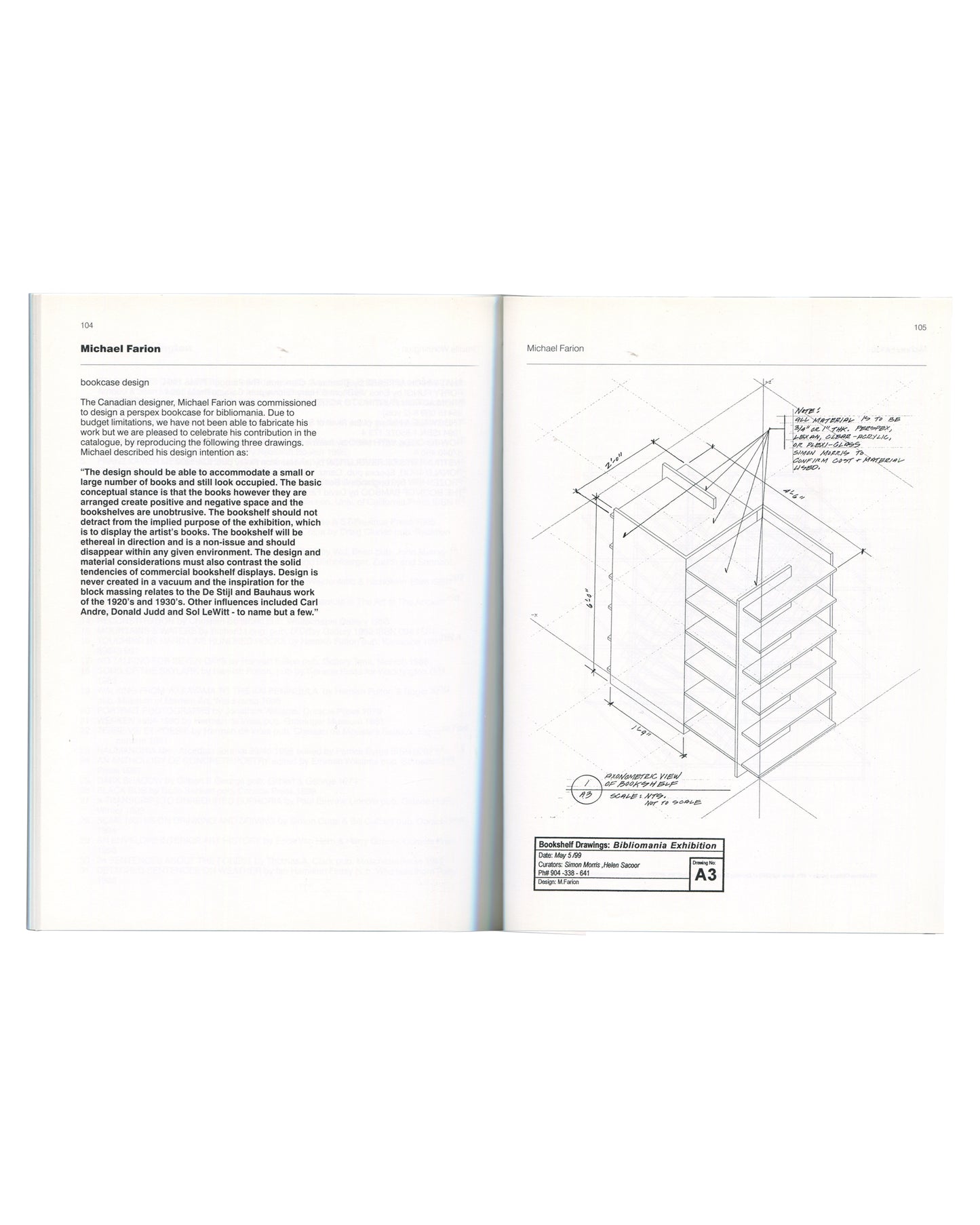 Michael Farion, pp.104–105 — Text about Farion's commissioned perspex bookcase design opposite a detailed architectural drawing with handwritten annotations.
