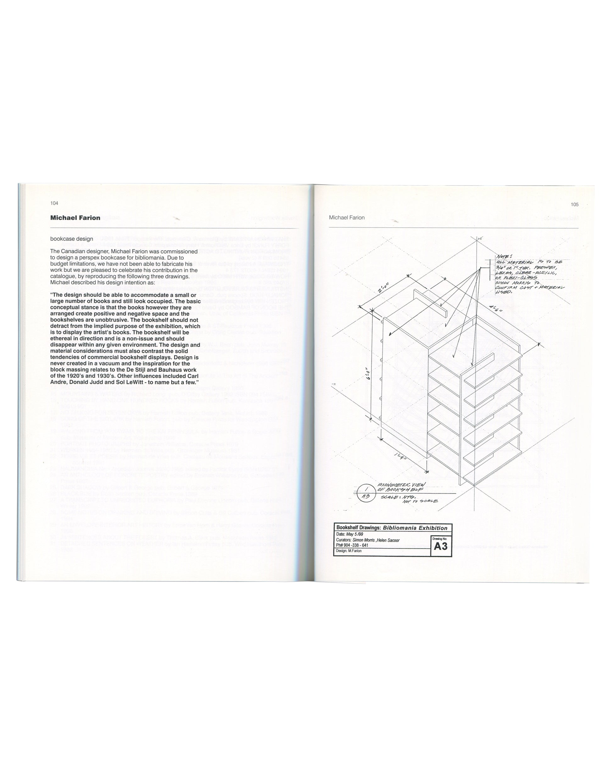 Michael Farion, pp.104–105 — Text about Farion's commissioned perspex bookcase design opposite a detailed architectural drawing with handwritten annotations.