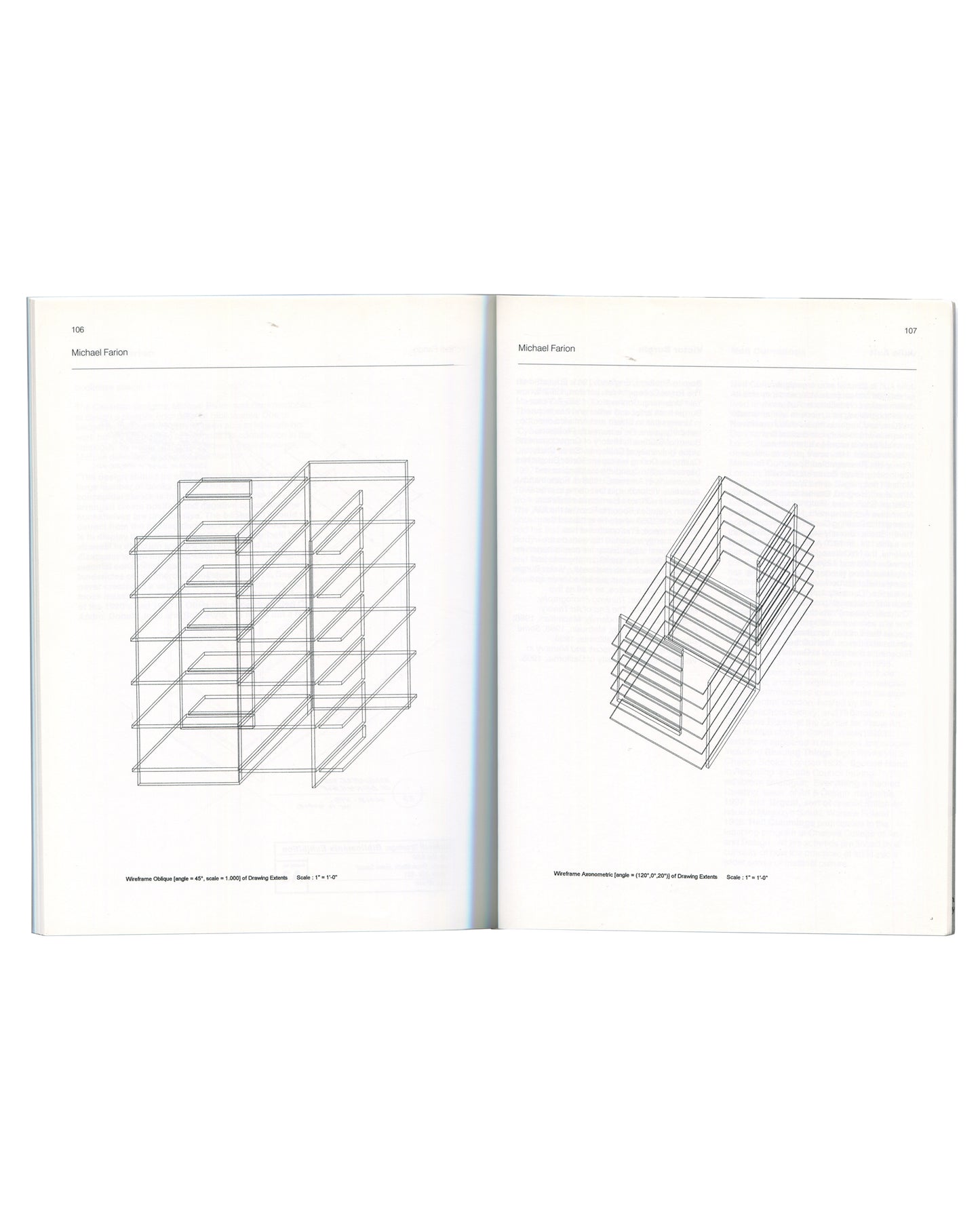 Michael Farion, pp.106–107 — Two wireframe axonometric drawings of the bookcase structure from different angles with scale notations.