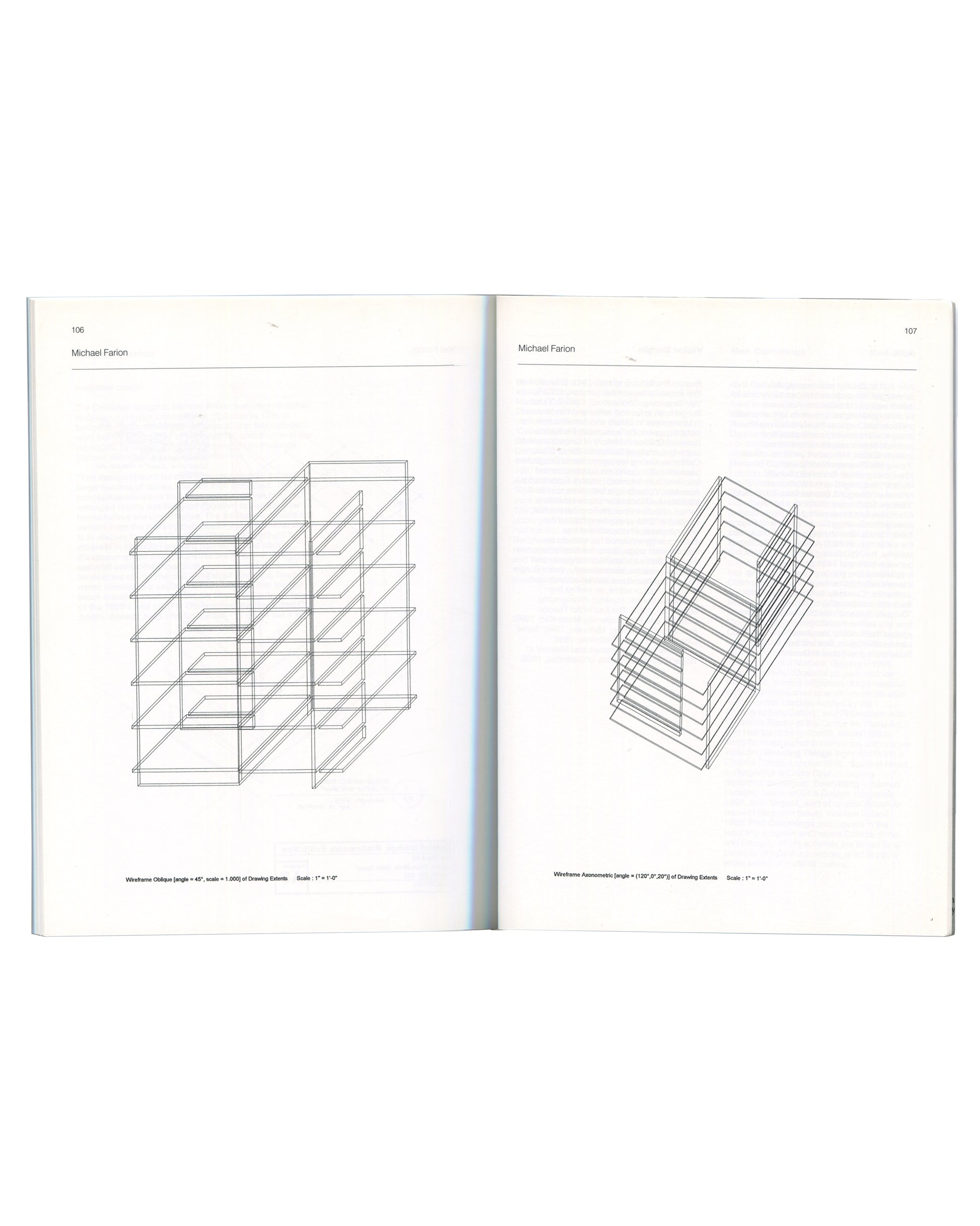 Michael Farion, pp.106–107 — Two wireframe axonometric drawings of the bookcase structure from different angles with scale notations.