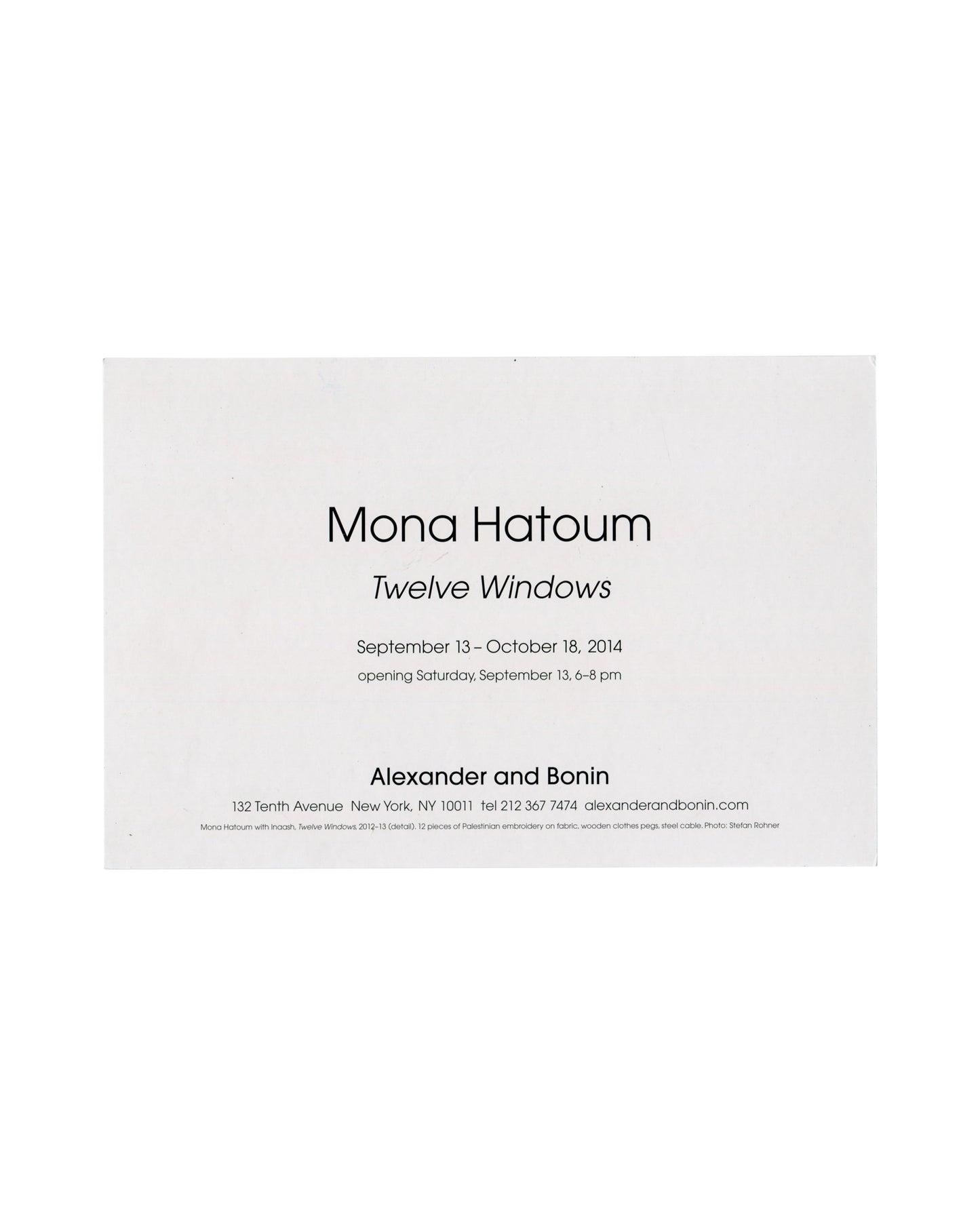 Mona Hatoum, Twelve Windows invitation verso; Alexander and Bonin New York, September–October 2014, exhibition details