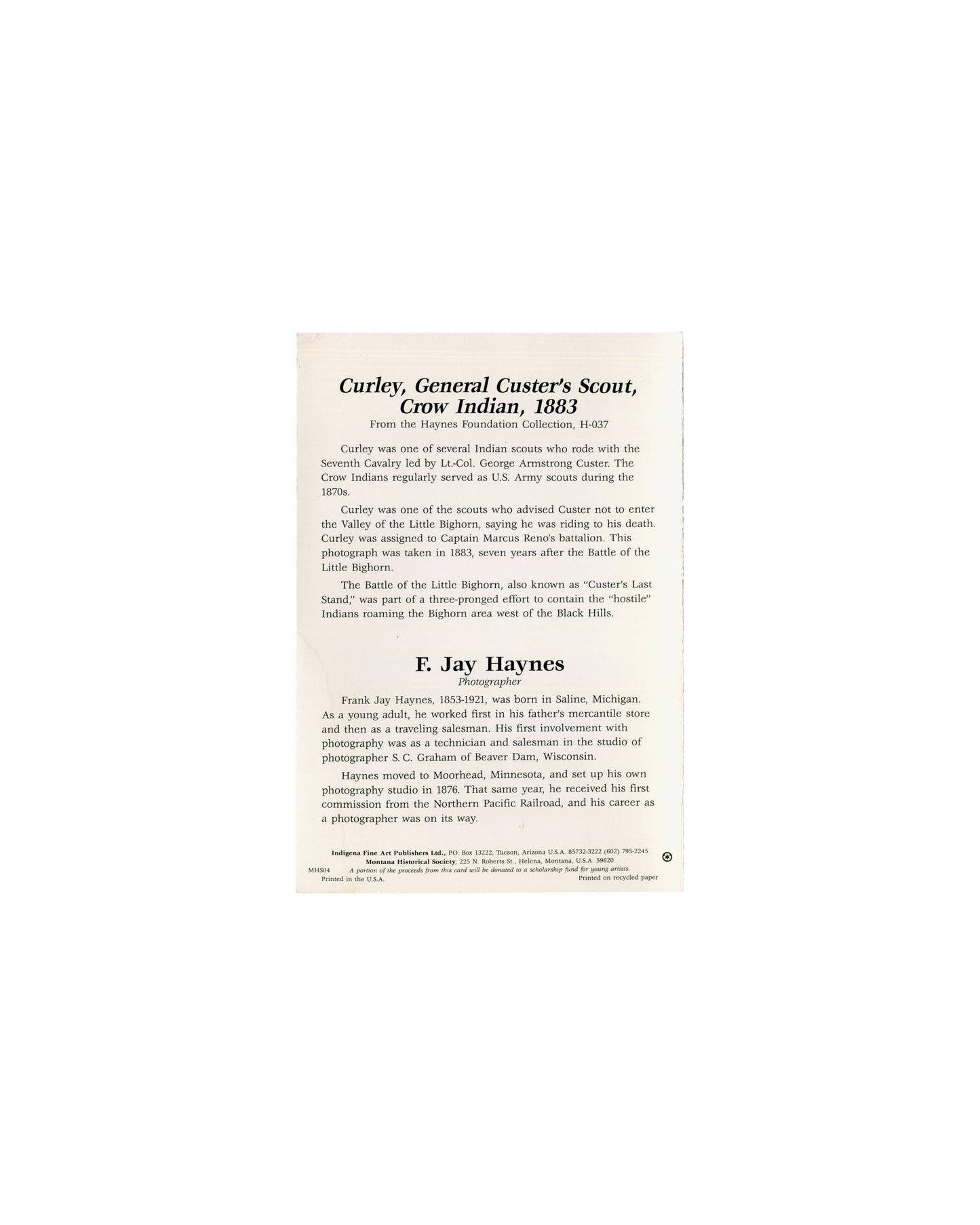 F. Jay Haynes / Frank Jay Haynes, Curley artist card, reverse folded, Haynes Foundation Collection H-037

