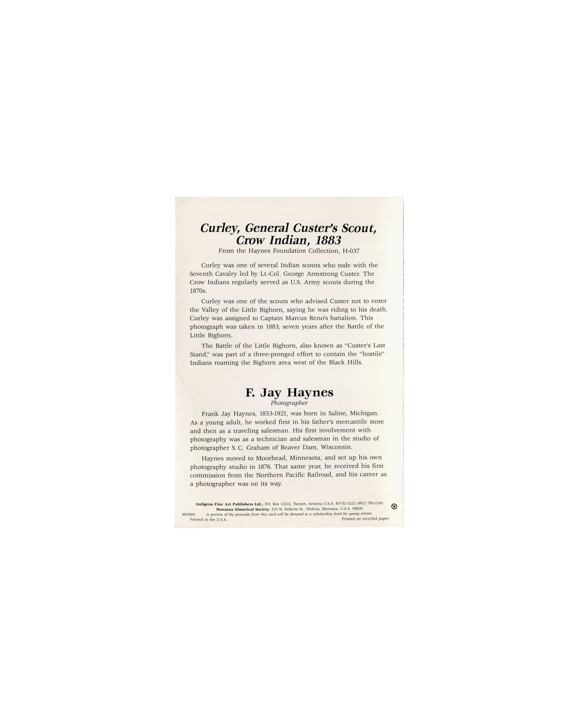 F. Jay Haynes / Frank Jay Haynes, Curley artist card, reverse folded, Haynes Foundation Collection H-037


