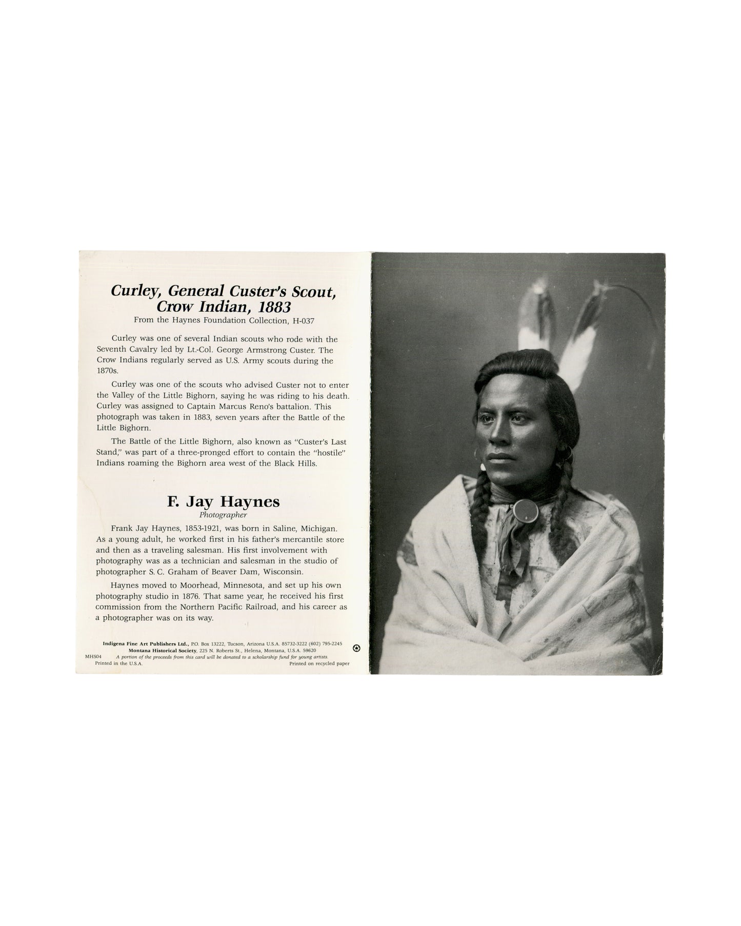 F. Jay Haynes / Frank Jay Haynes, Curley artist card, reverse unfolded with text and photograph, 1883

