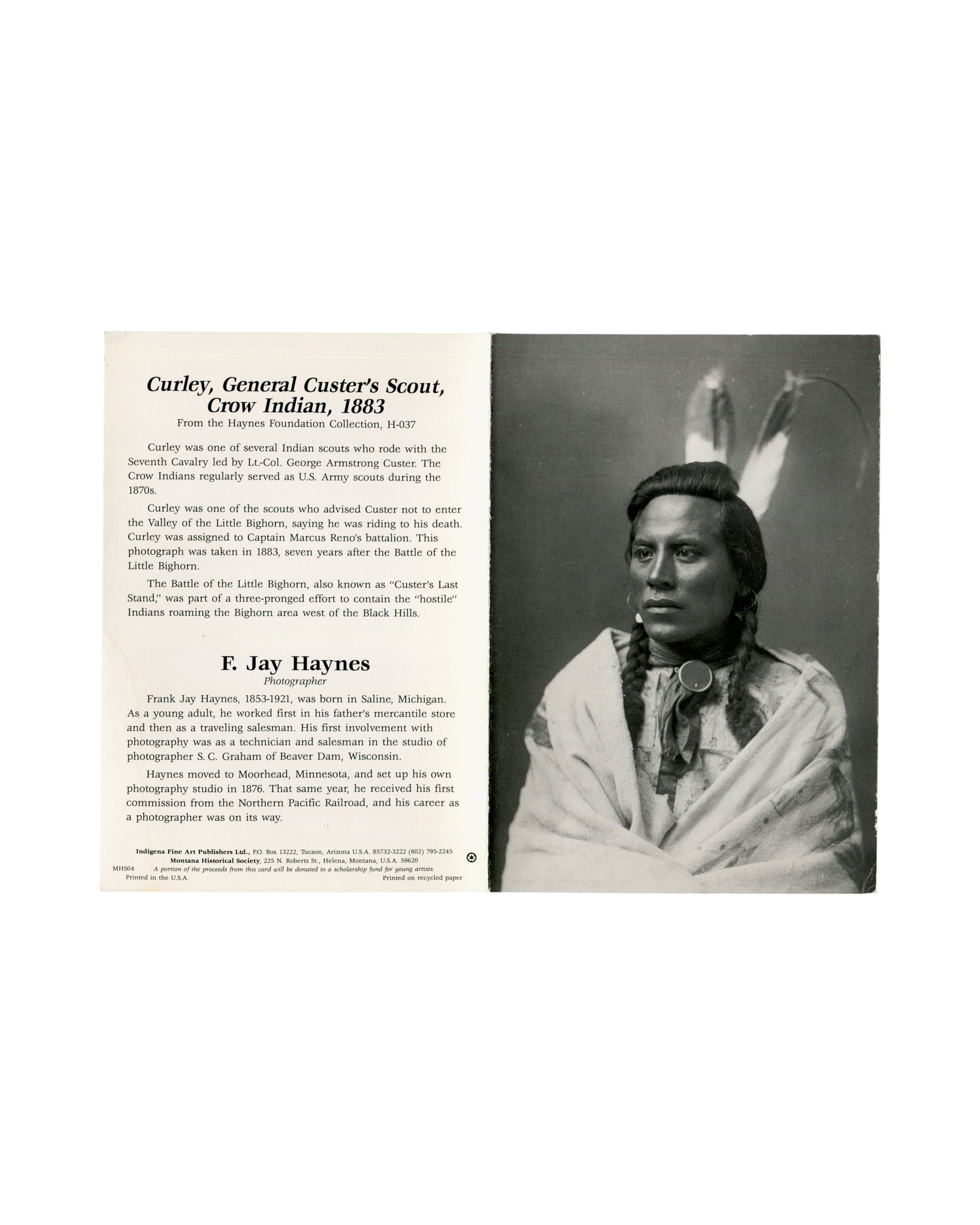 F. Jay Haynes / Frank Jay Haynes, Curley artist card, reverse unfolded with text and photograph, 1883

