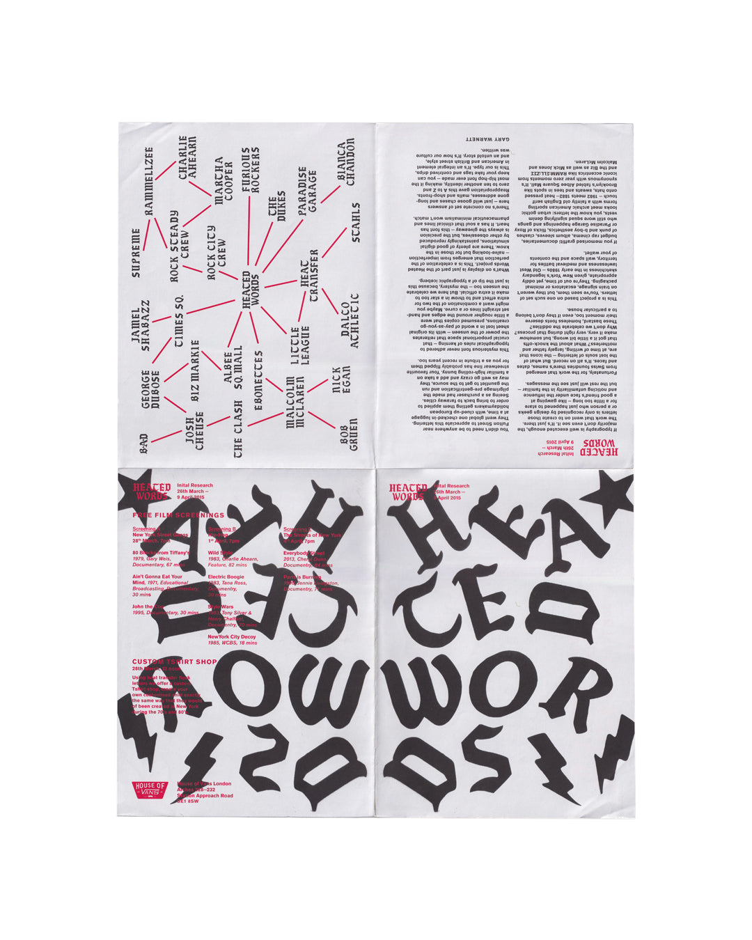 Heated Words: Initial Research, House of Vans London, 2015 — verso full spread showing all four panels: network diagram, typographic enlargement, free film screenings programme, and Gary Warnett text, printed in black and red

