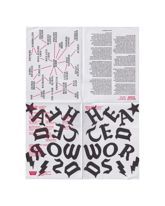 Heated Words: Initial Research, House of Vans London, 2015 — verso full spread showing all four panels: network diagram, typographic enlargement, free film screenings programme, and Gary Warnett text, printed in black and red


