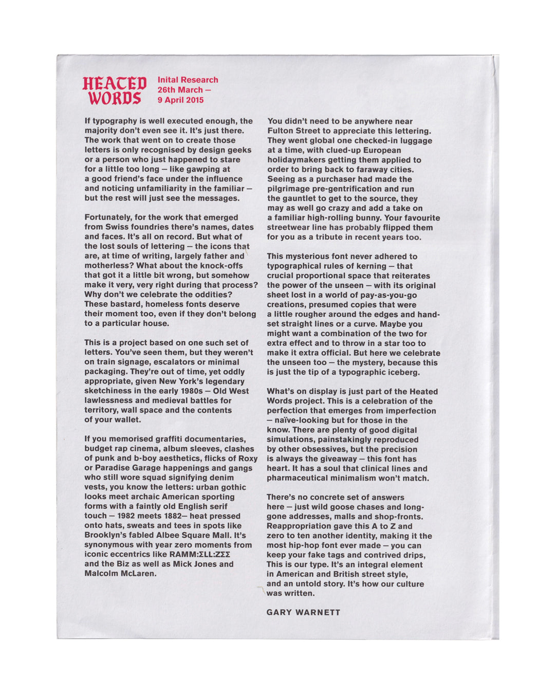 Heated Words: Initial Research, House of Vans London, 2015 — verso panel, Gary Warnett essay text with Heated Words logotype, printed in black and red on white

